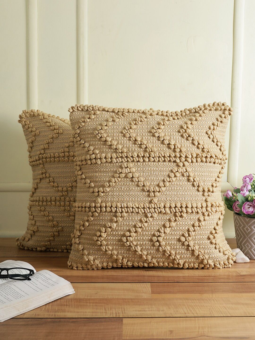 eyda Beige Set of 2 Square Cushion Covers Price in India