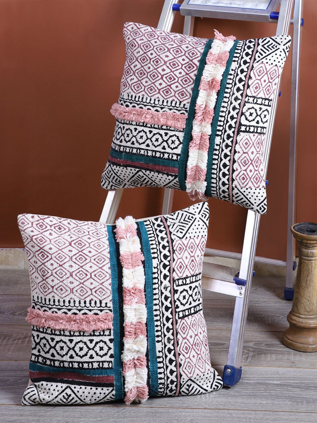eyda Set of 2 White & Pink Hand block Printed Square Cotton Cushion Covers Price in India