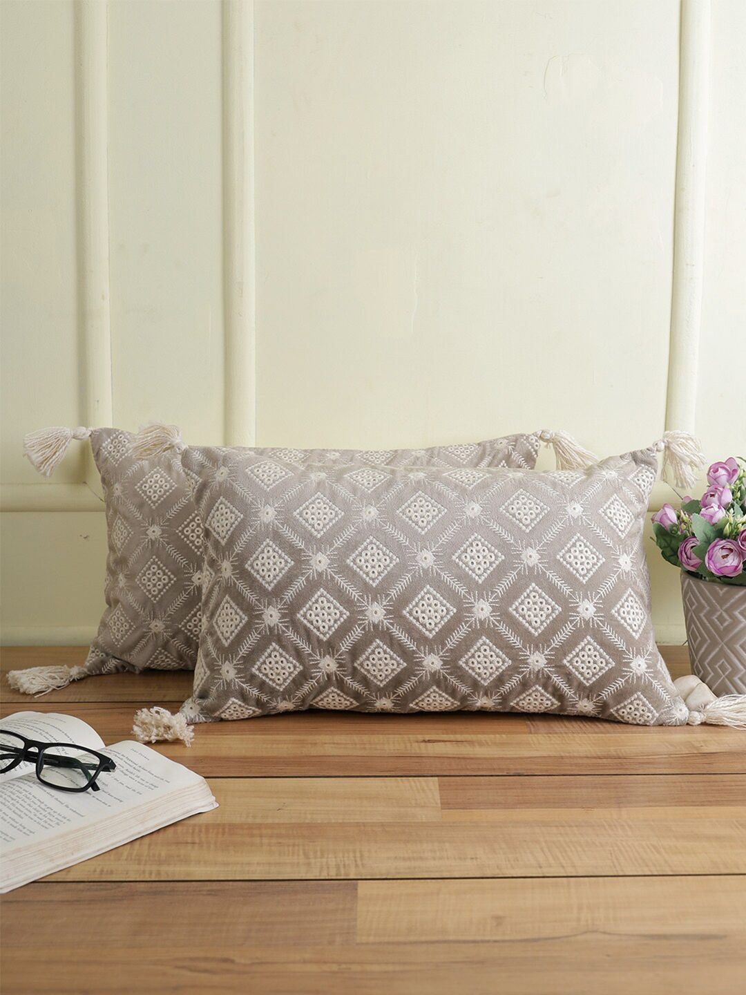eyda Grey & White Set of 2 Embroidered Velvet Rectangle Cushion Covers Price in India