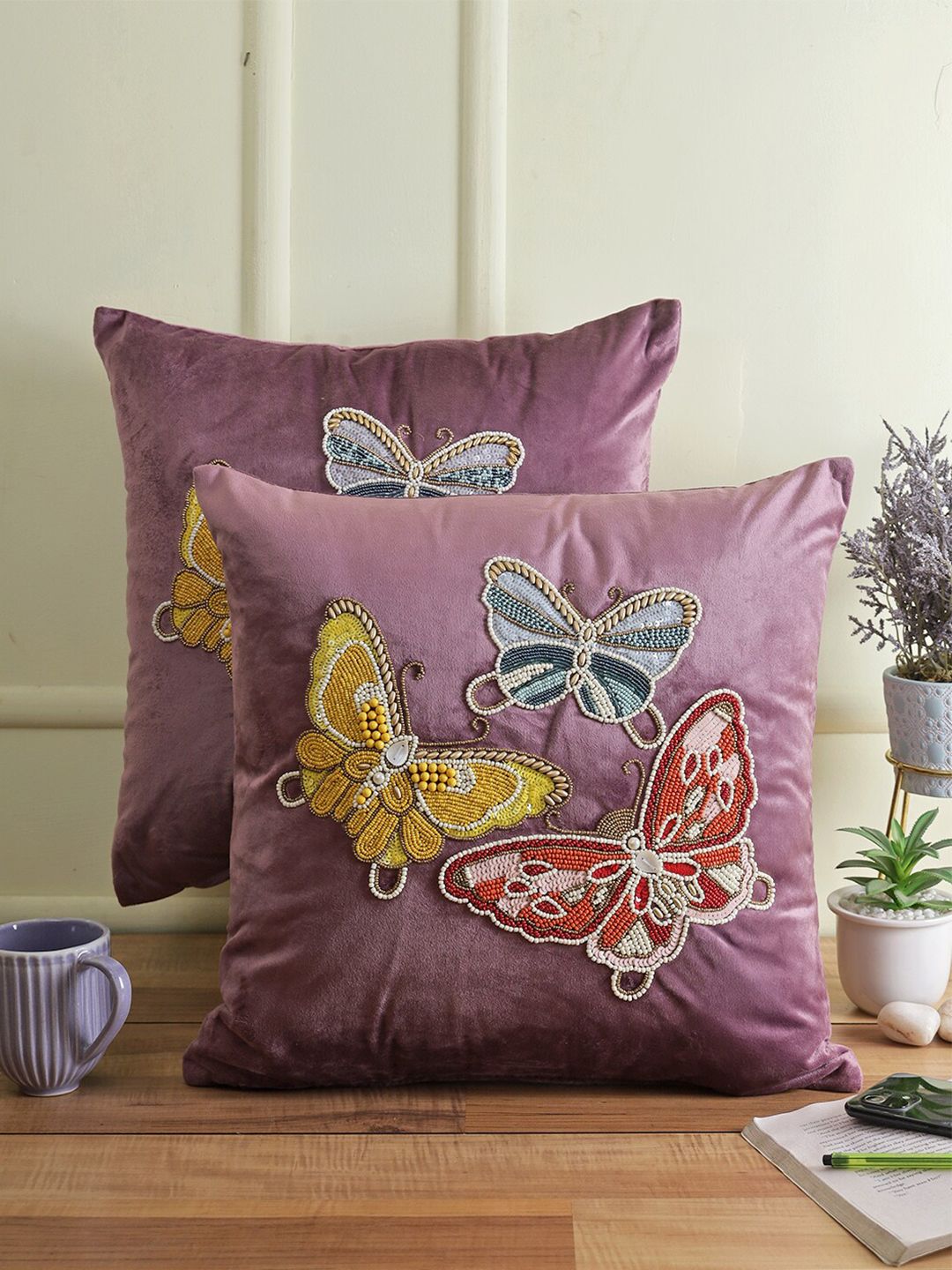 eyda Purple & Yellow Set of 2 Embellished Velvet Square Cushion Covers Price in India