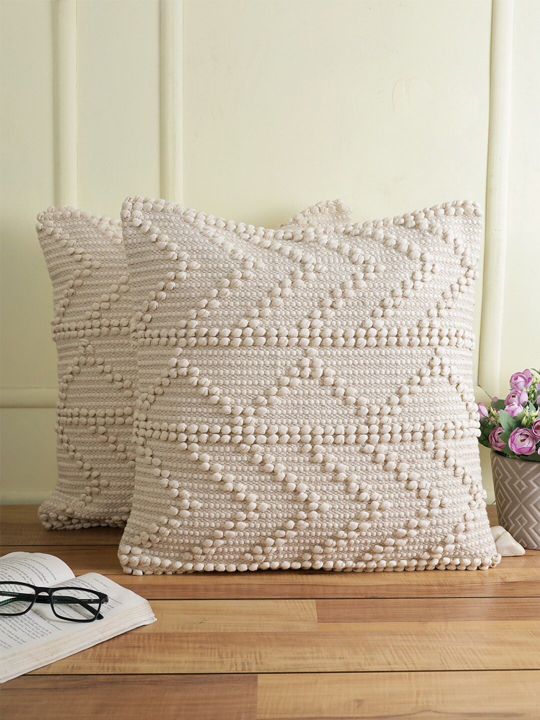 eyda Off White Set of 2 Self Design Square Cushion Covers Price in India