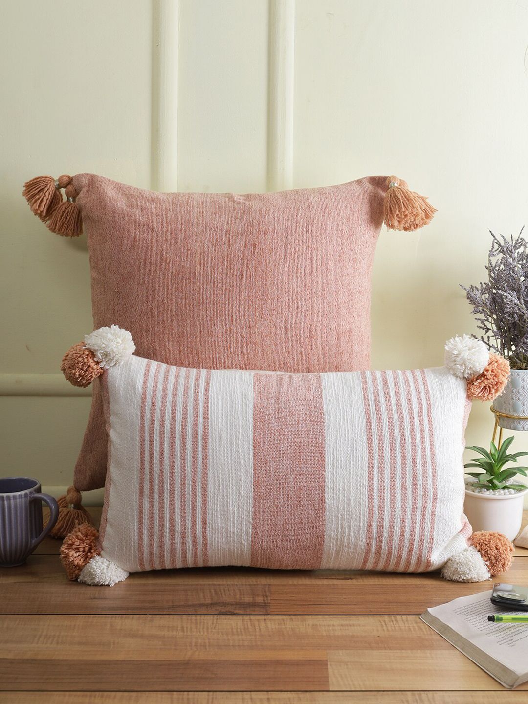 eyda White & Pink Set of 2 Striped Rectangle Cushion Covers Price in India