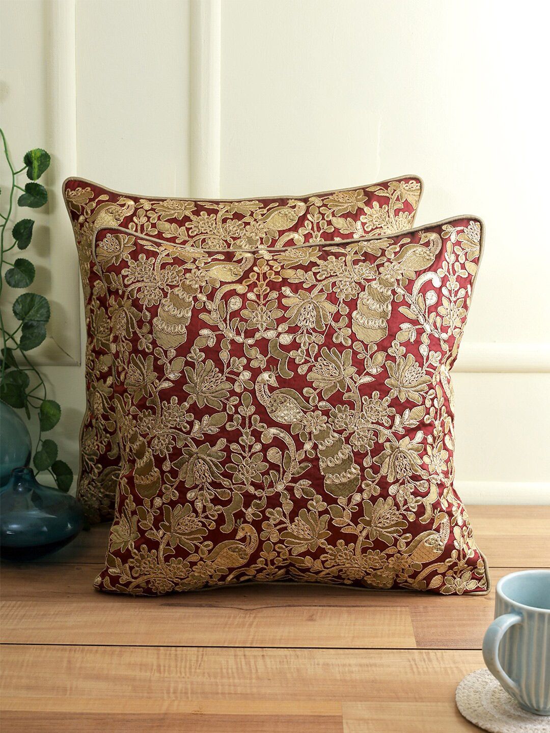 eyda Set of 2 Red & Gold-Toned Embellished Square Cushion Covers Price in India