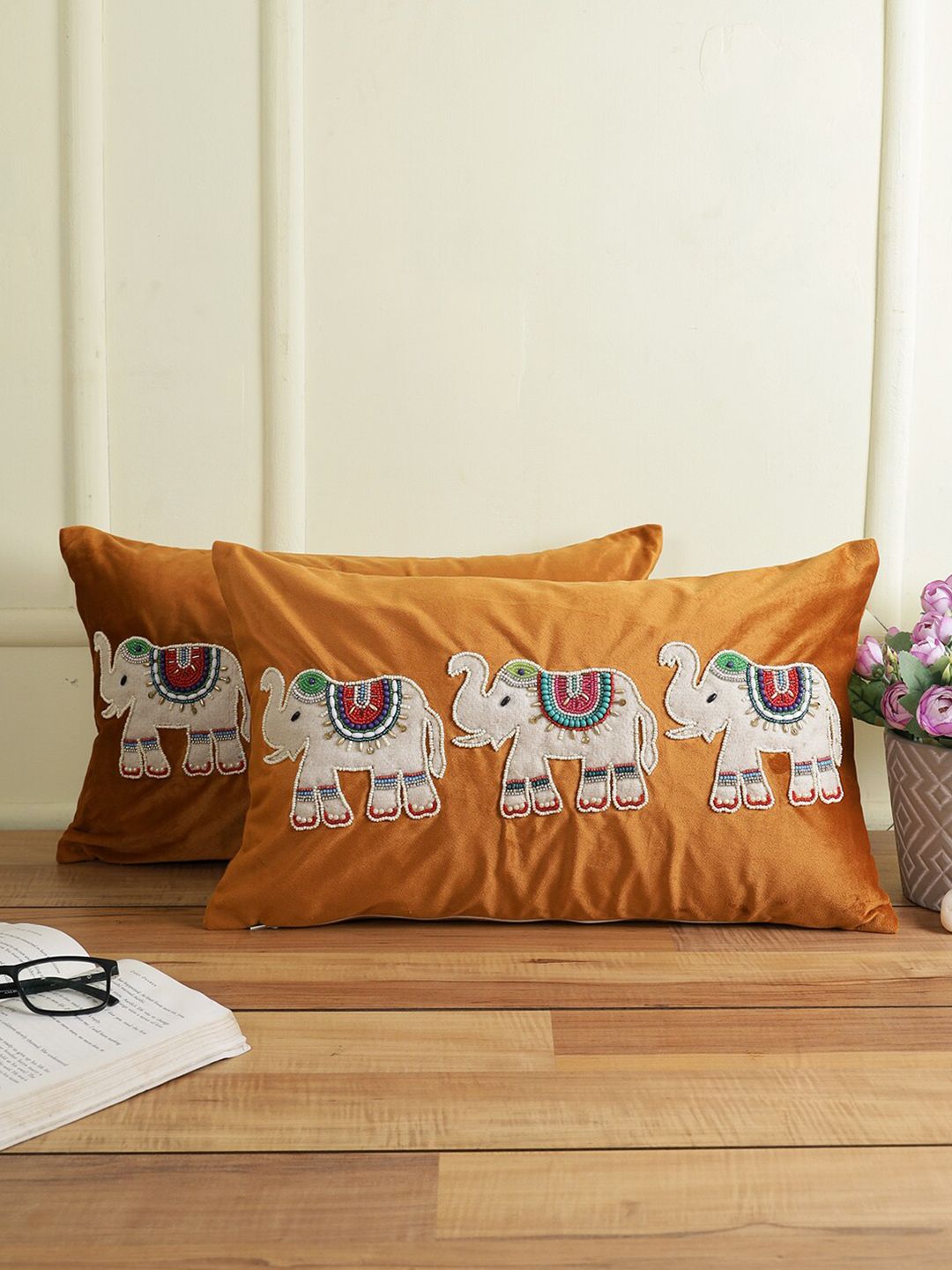 eyda Set Of 2 Rust & White Embellished Velvet Rectangle Cushion Covers Price in India