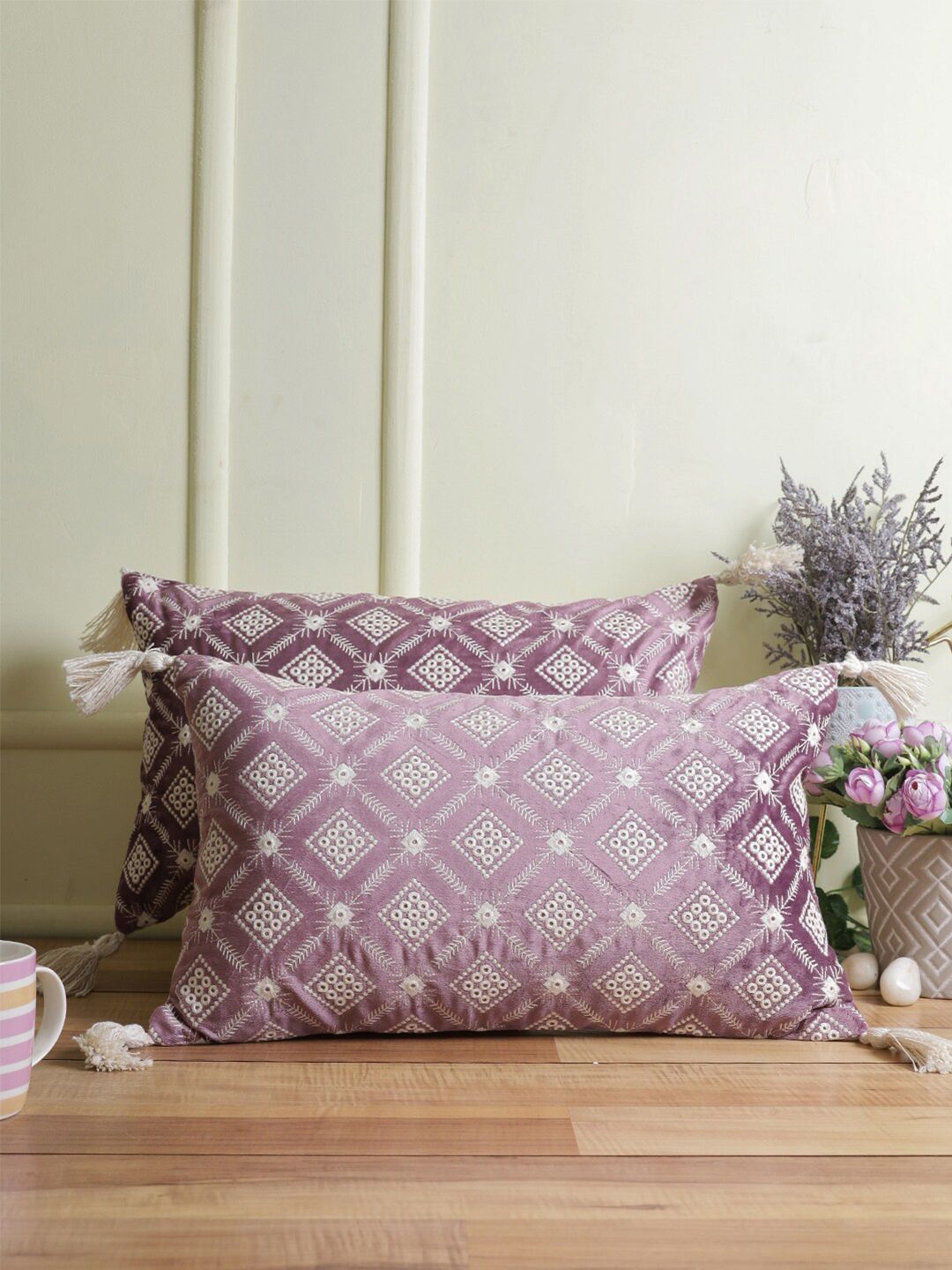 eyda Purple & White Set of 2 Embroidered Velvet Rectangle Cushion Covers Price in India