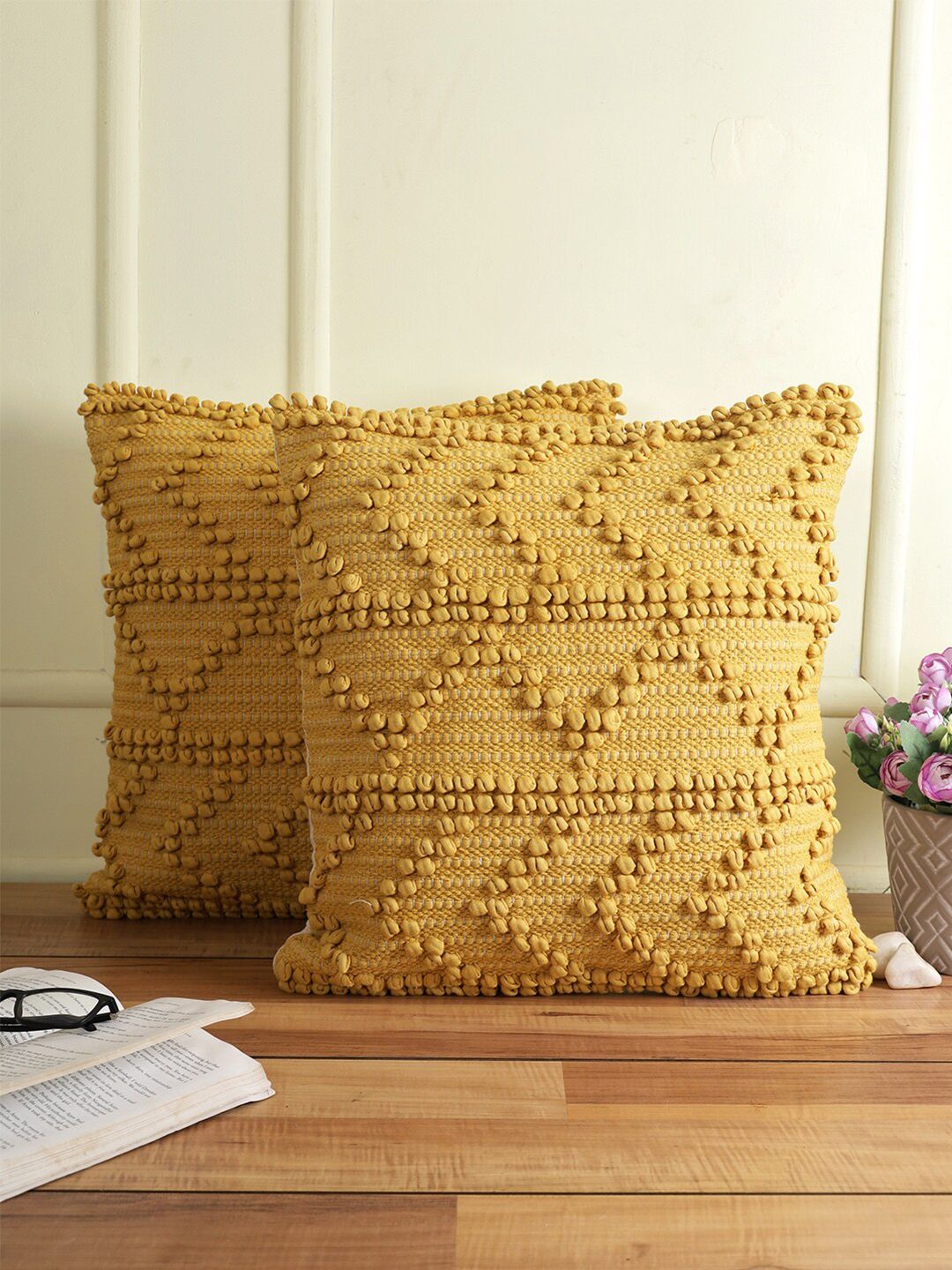 eyda Yellow & Off White Set of 2 Square Cushion Covers Price in India