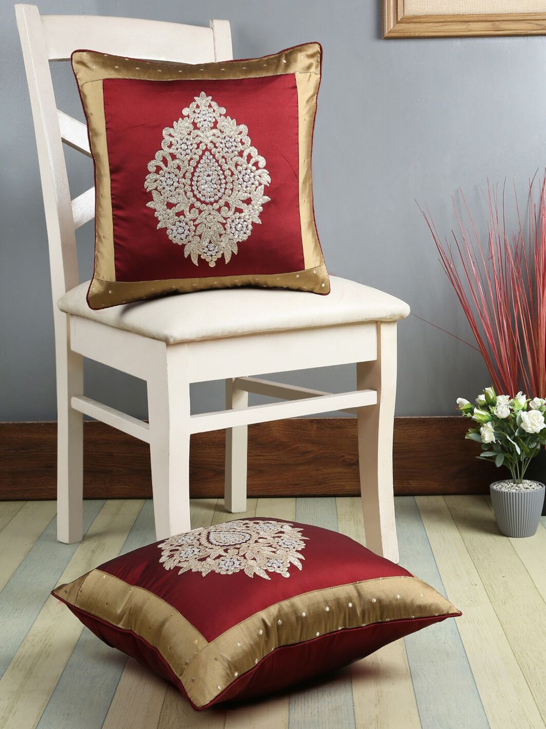 eyda Set of 2 Red & White Embellished Square Cushion Covers Price in India