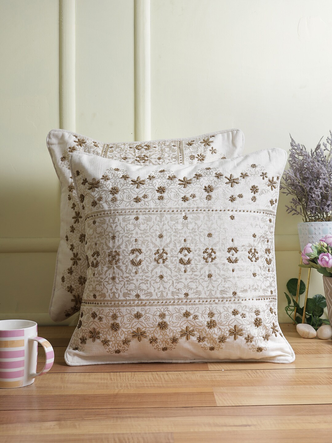 eyda White Set of 2 Embellished Square Cushion Covers Price in India