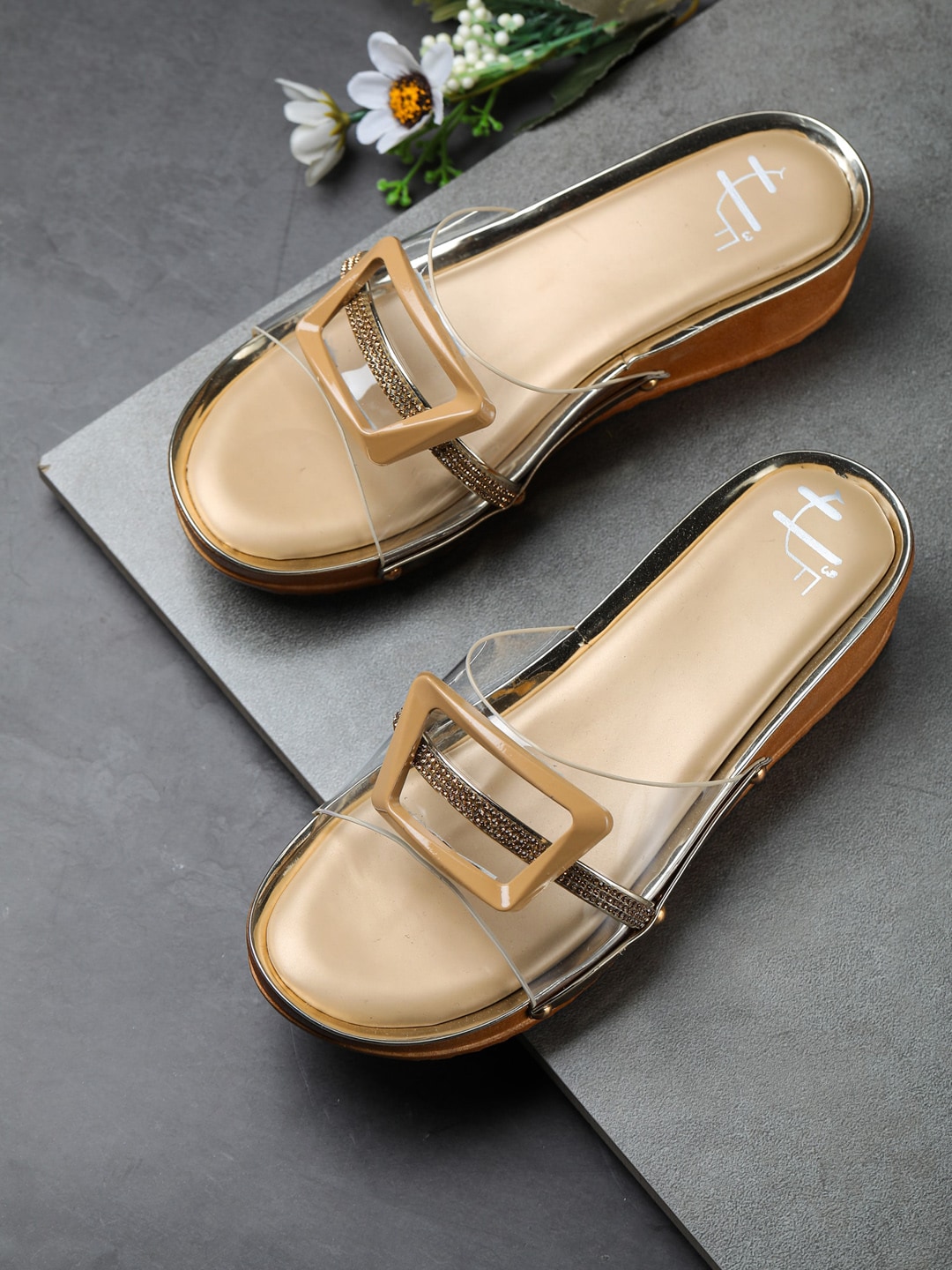 H3F Gold-Toned Solid Party Wedges with Embellished Buckle Detail Price in India
