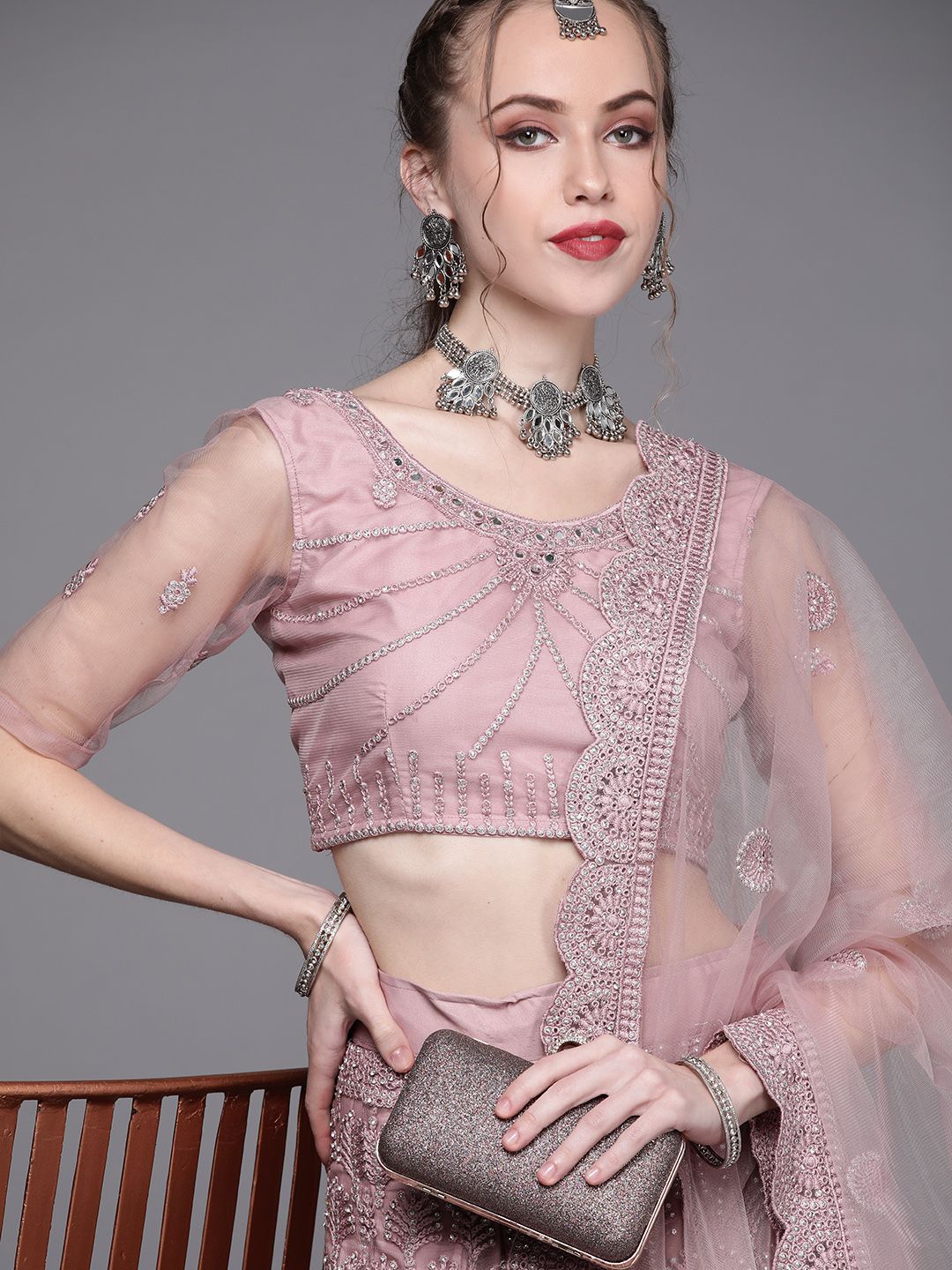 Inddus Pink Embroidered Semi-Stitched Lehenga with Unstitched Blouse & Dupatta Price in India