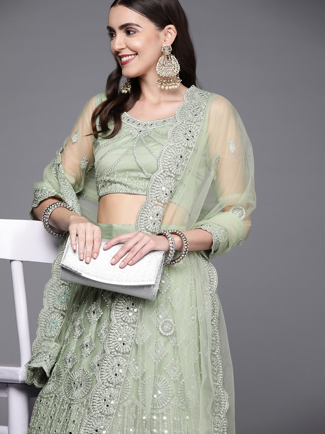 Inddus Women Green Embroidered Semi-Stitched Lehenga & Unstitched Blouse With Dupatta Price in India