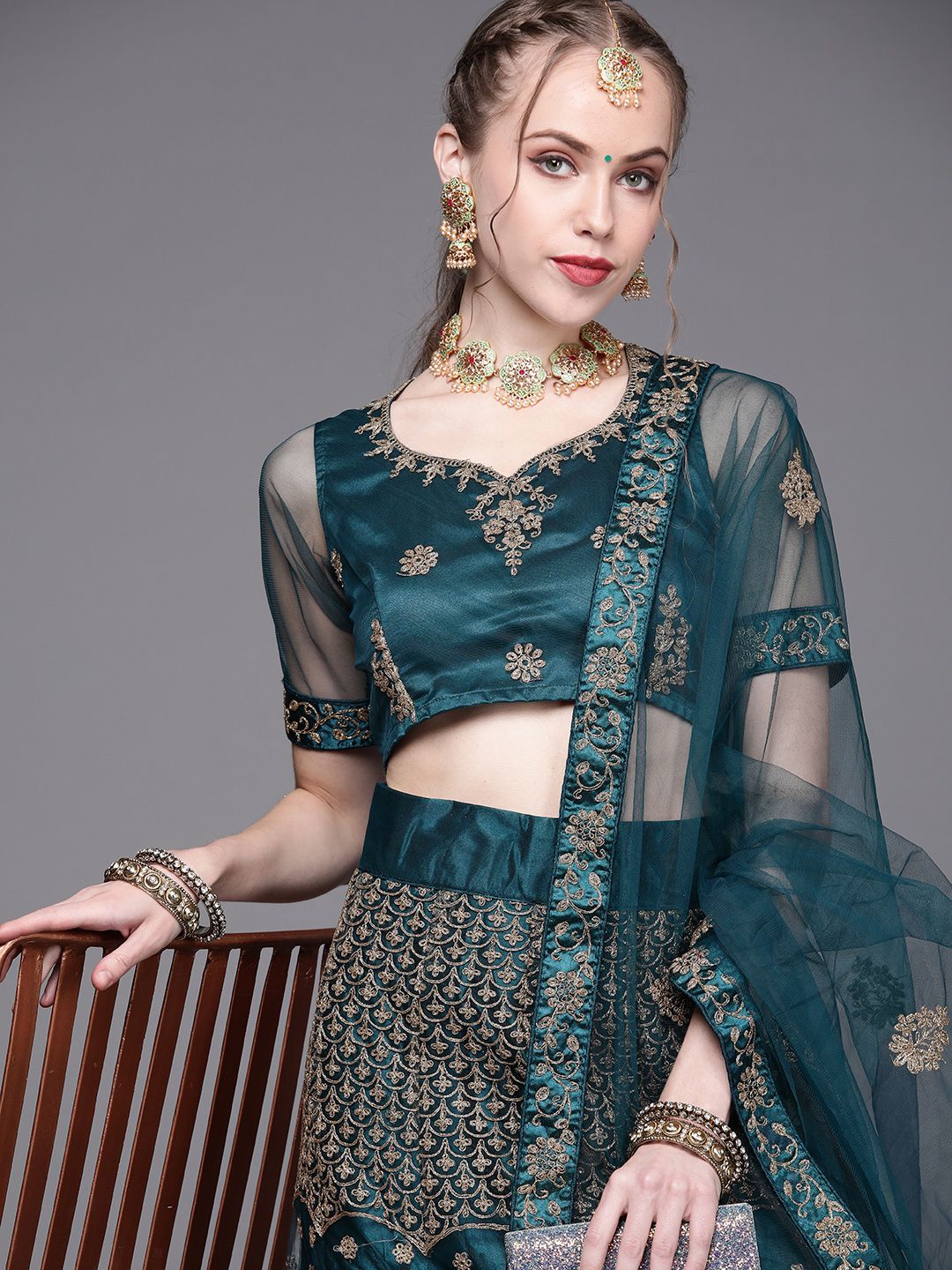Inddus Women Teal Green Embroidered Semi-Stitched Lehenga with Unstitched Blouse & Dupatta Price in India
