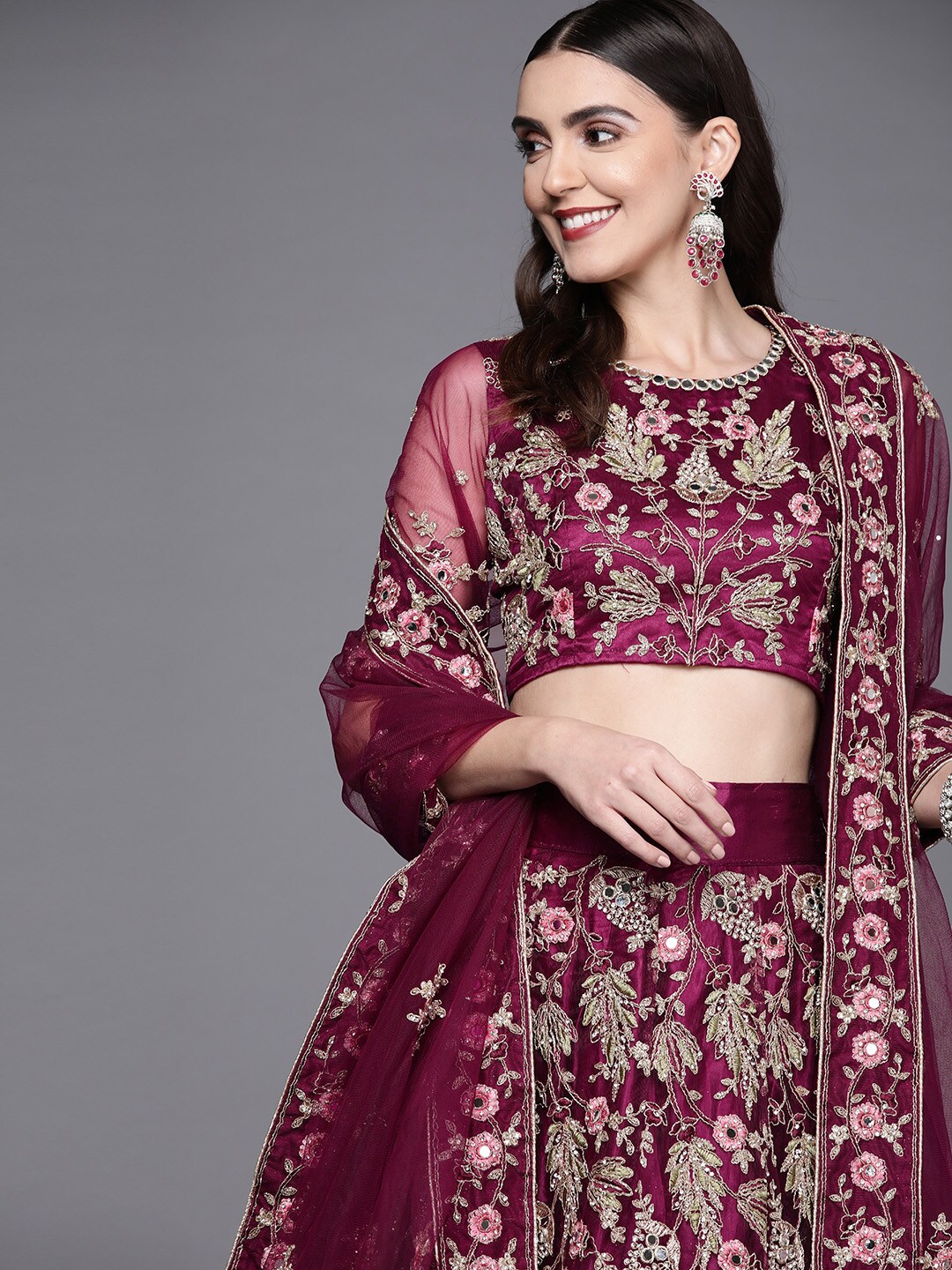 Inddus Women Burgundy Embroidered Semi-Stitched Lehenga & Unstitched Blouse With Dupatta Price in India