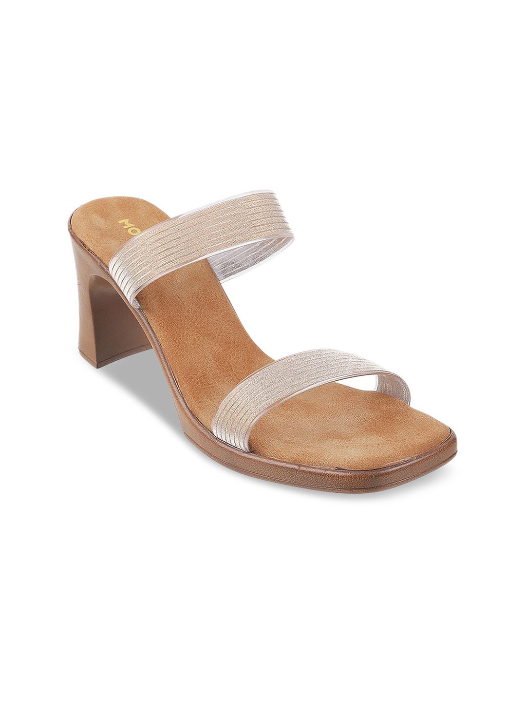 Mochi Gold-Toned & Brown Striped Block Sandals Price in India