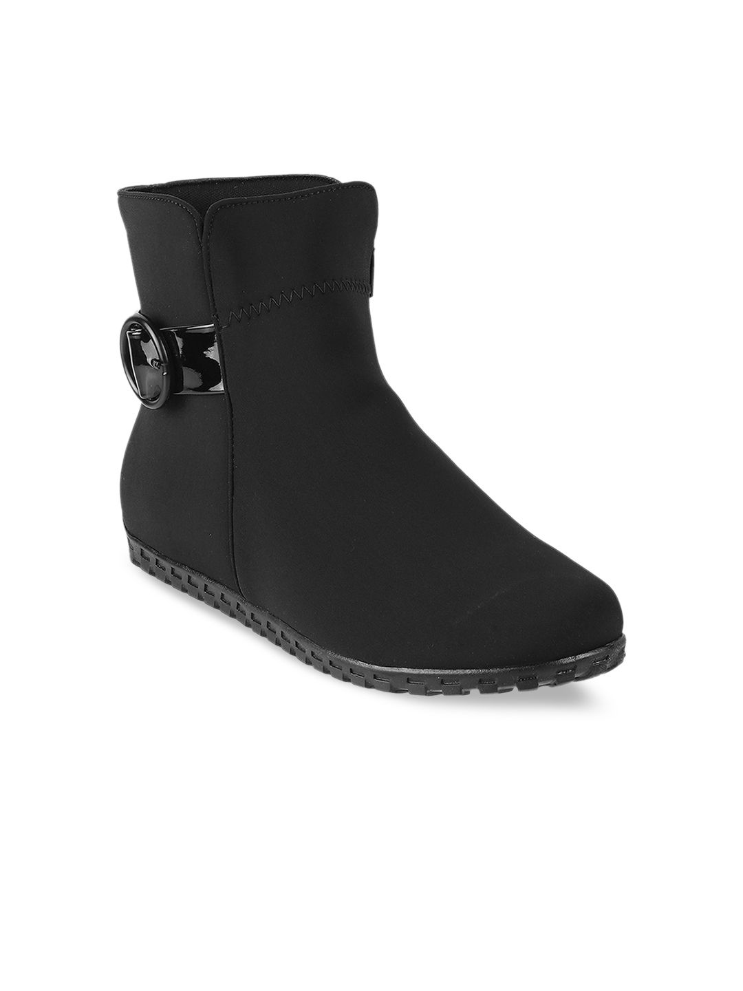 Mochi Women Black Solid Boots with Buckle Detail Price in India