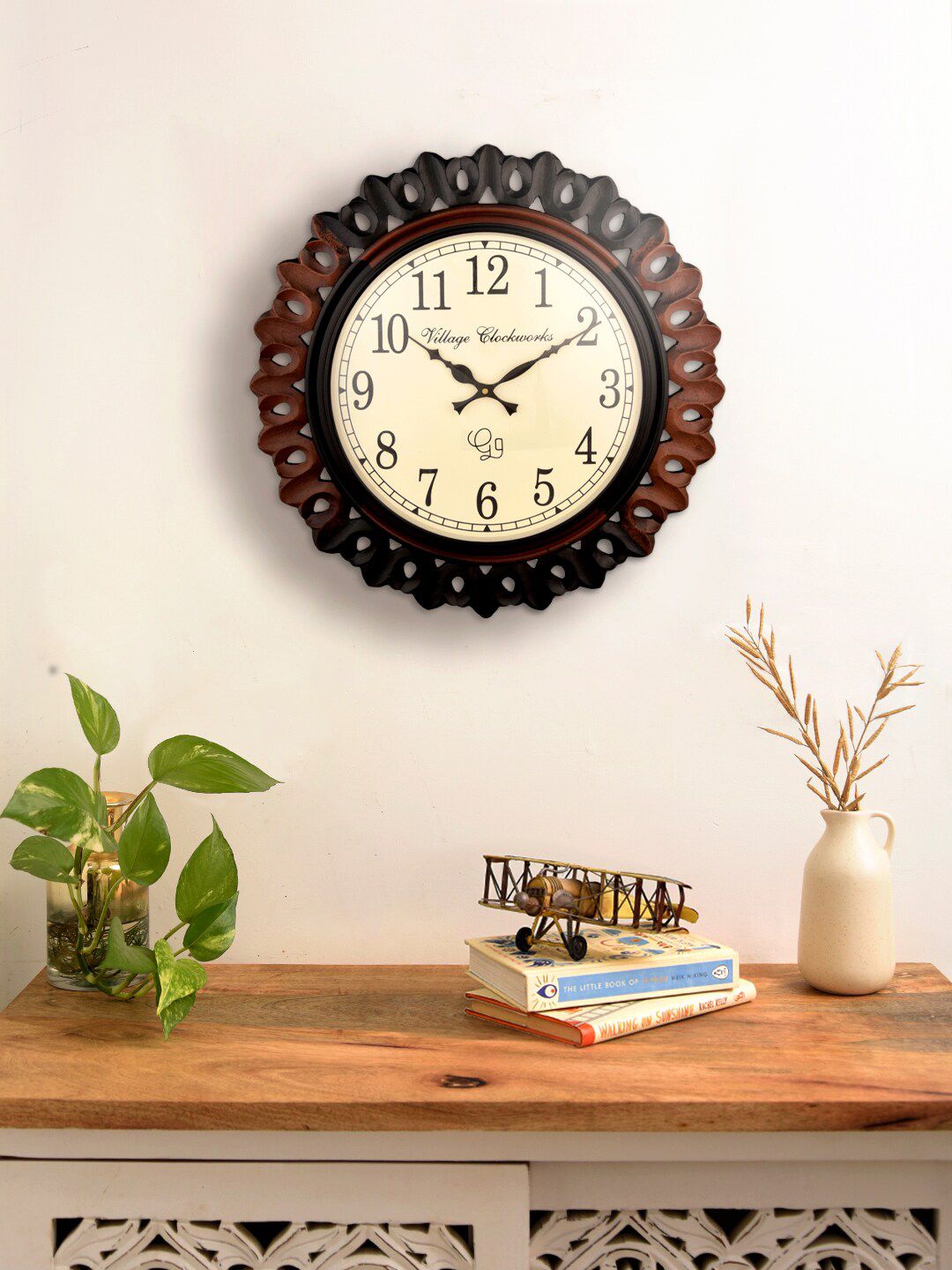 green girgit Brown & White Contemporary Wooden Wall Clock  18 Inches Price in India