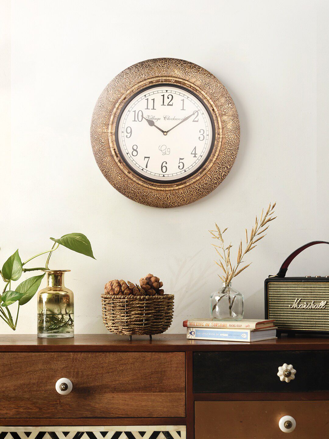 green girgit Gold-Toned & White Contemporary 40 CM Brass Analogue Wall Clock Price in India