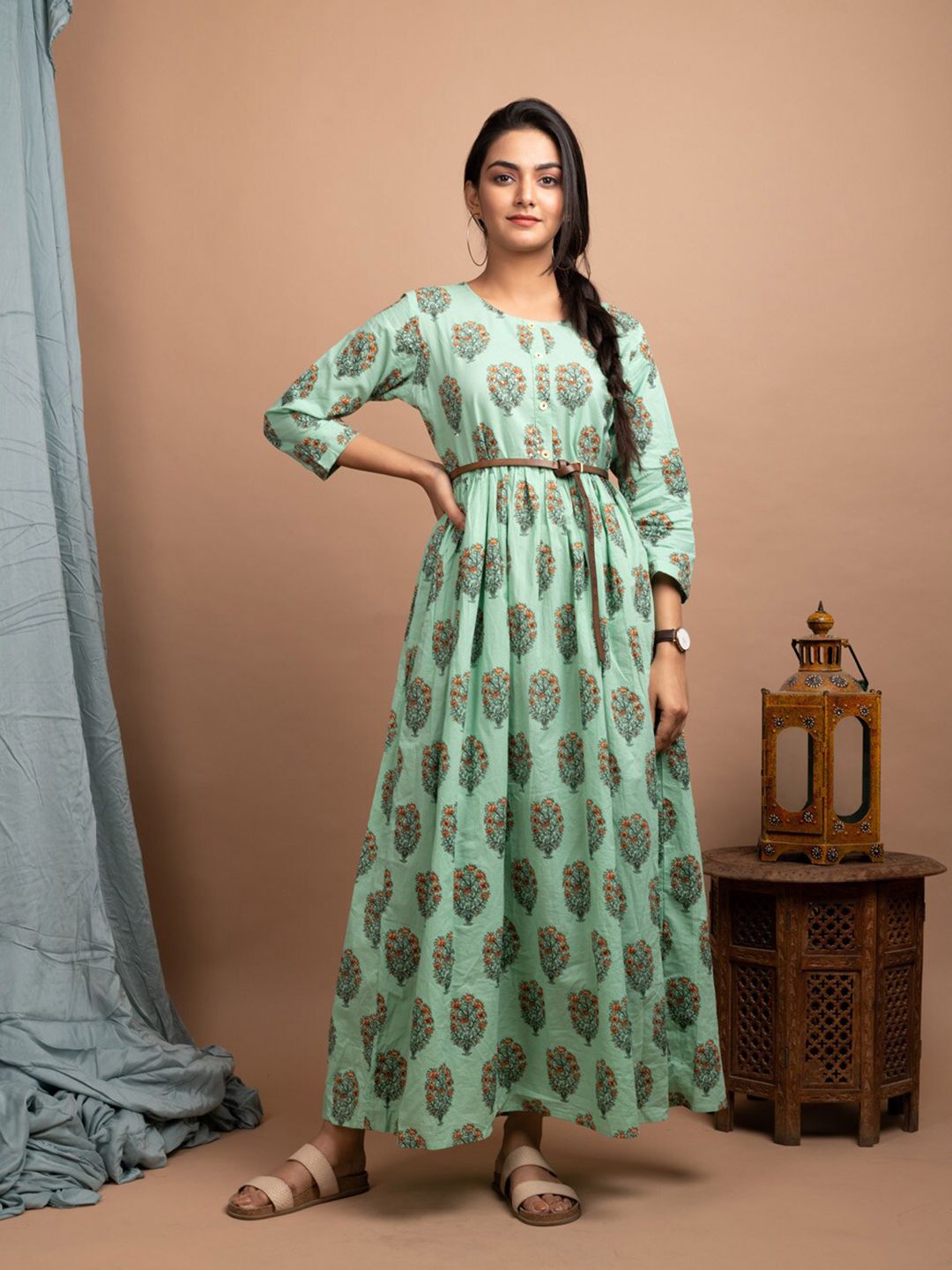 KAAJH Women Green Ethnic Motifs Ethnic Maxi Dress Price in India