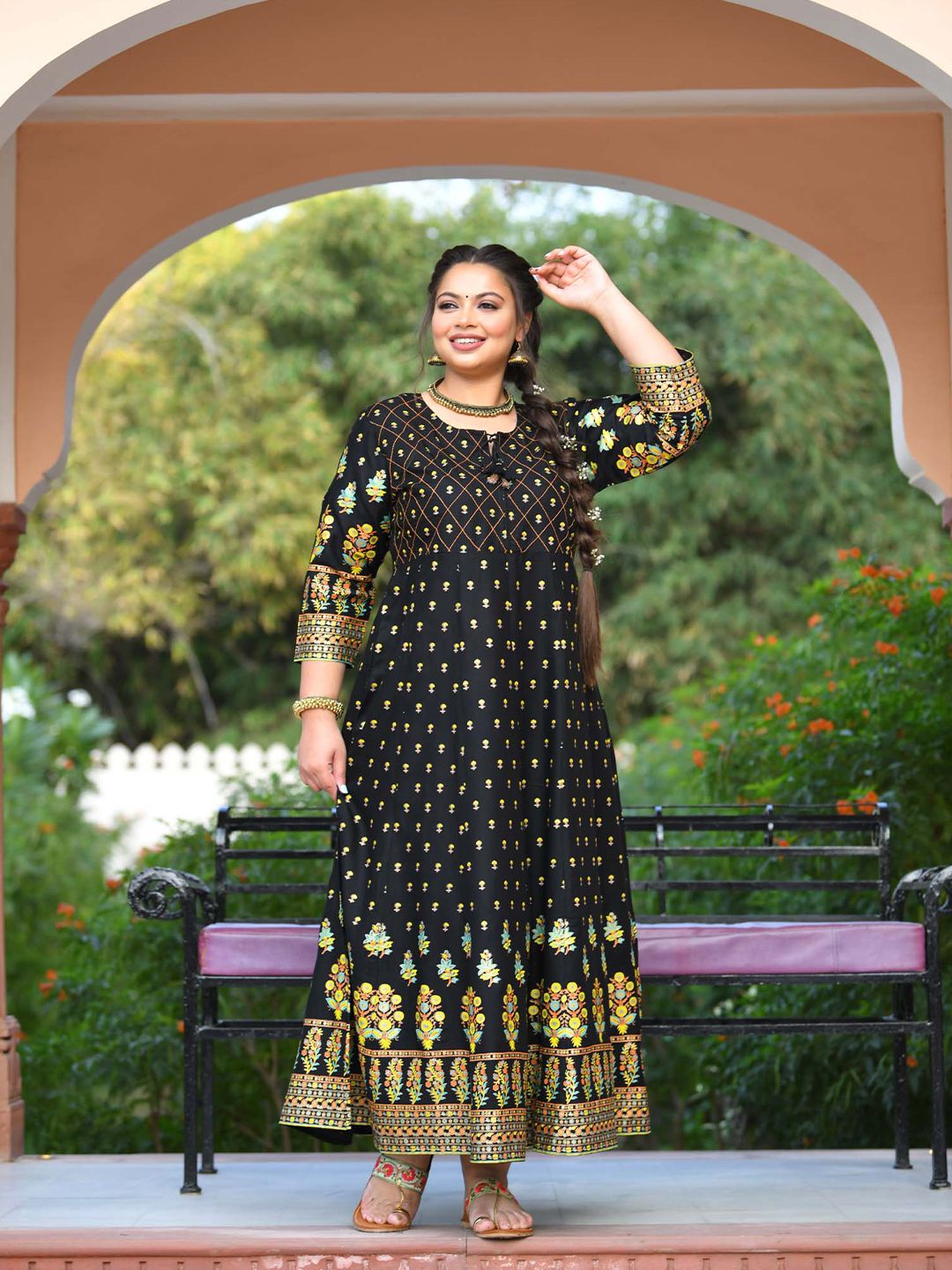 KAAJH Black & Gold-Toned Ethnic Motifs Tie-Up Neck Ethnic Maxi Dress Price in India