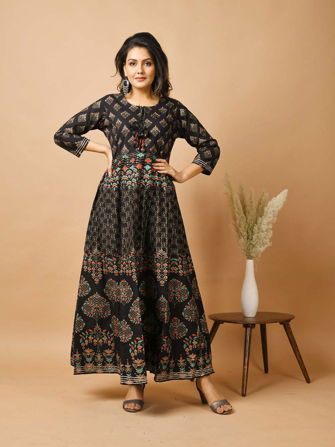 KAAJH Women Black Ethnic Motifs Maxi Dress Price in India