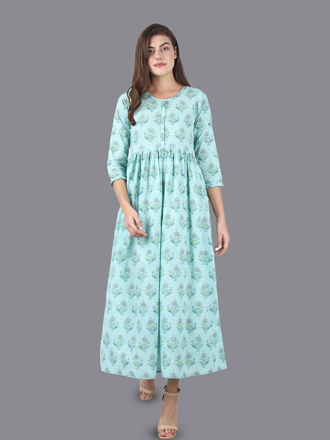 KAAJH Women Sea Green Ethnic Motif Printed A-Line Maxi Dress Price in India