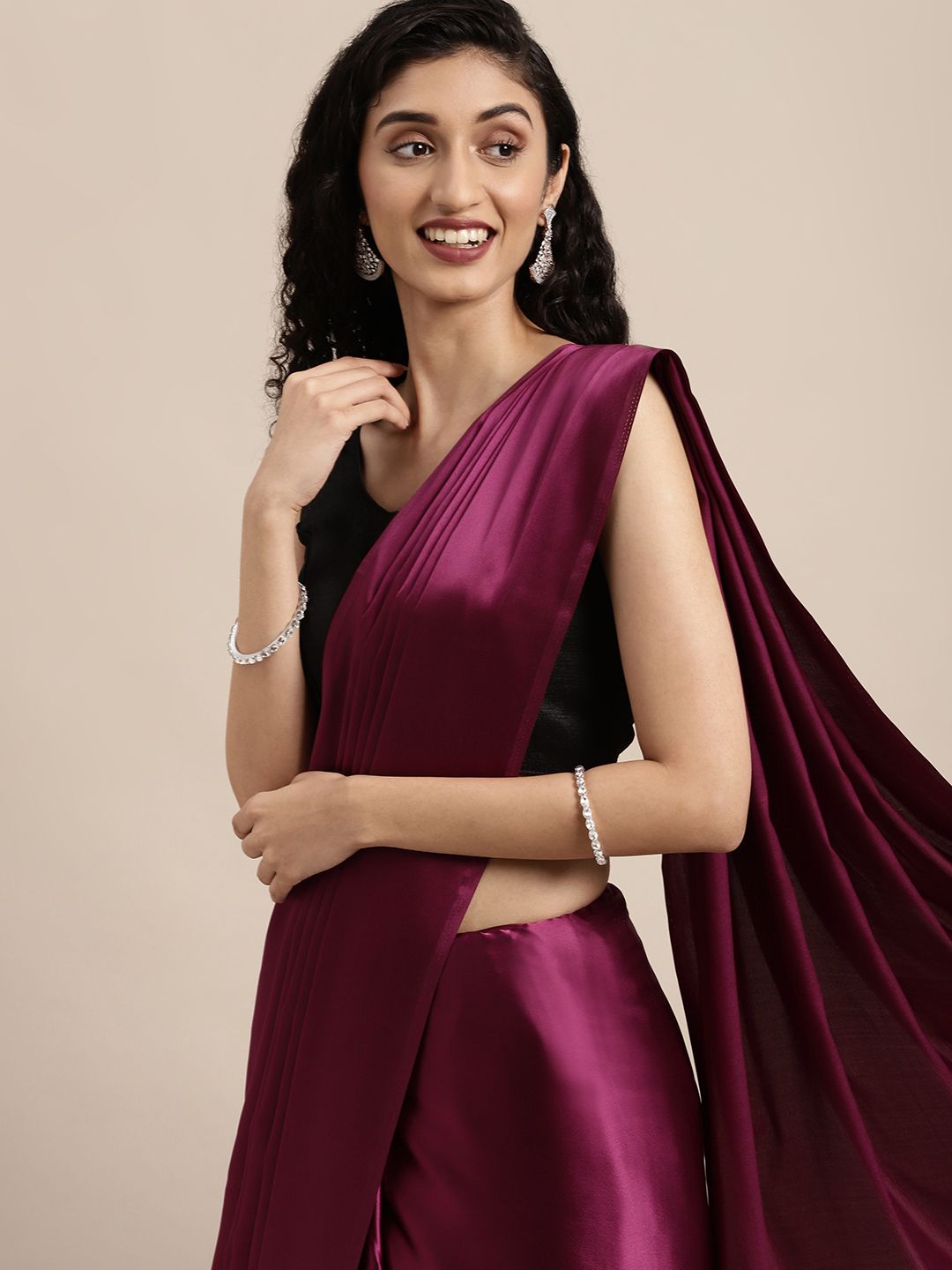 Mitera Burgundy Solid  Satin Saree Price in India