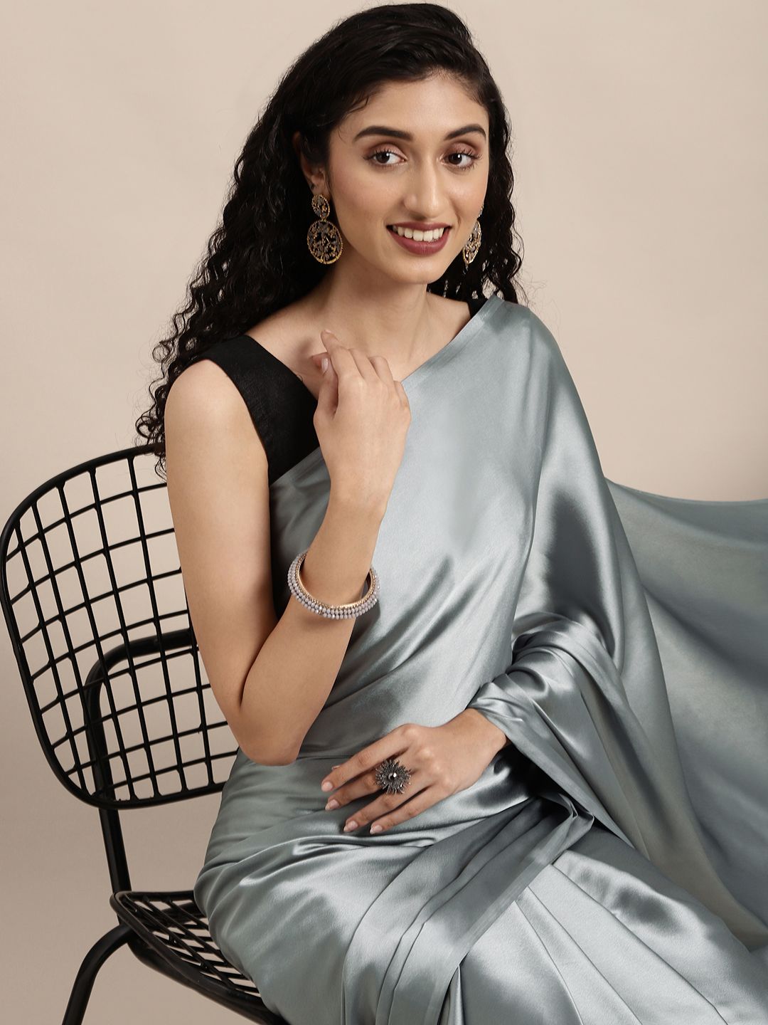 Mitera Grey Solid Satin Saree Price in India