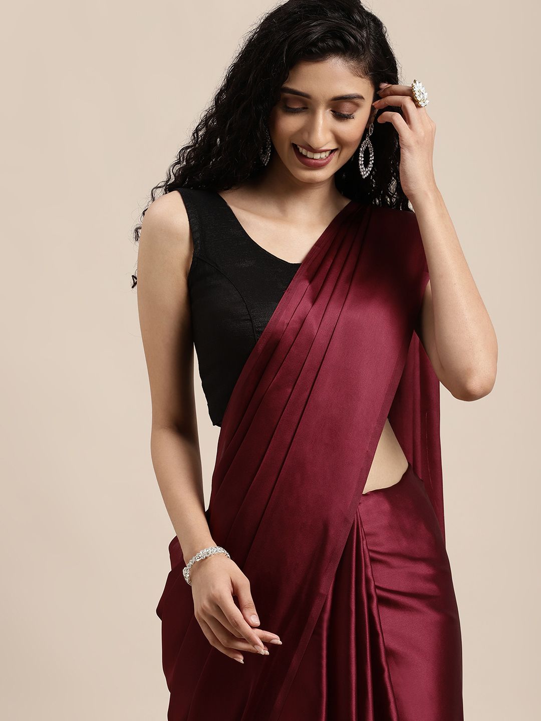 Mitera Maroon Solid Satin Saree Price in India