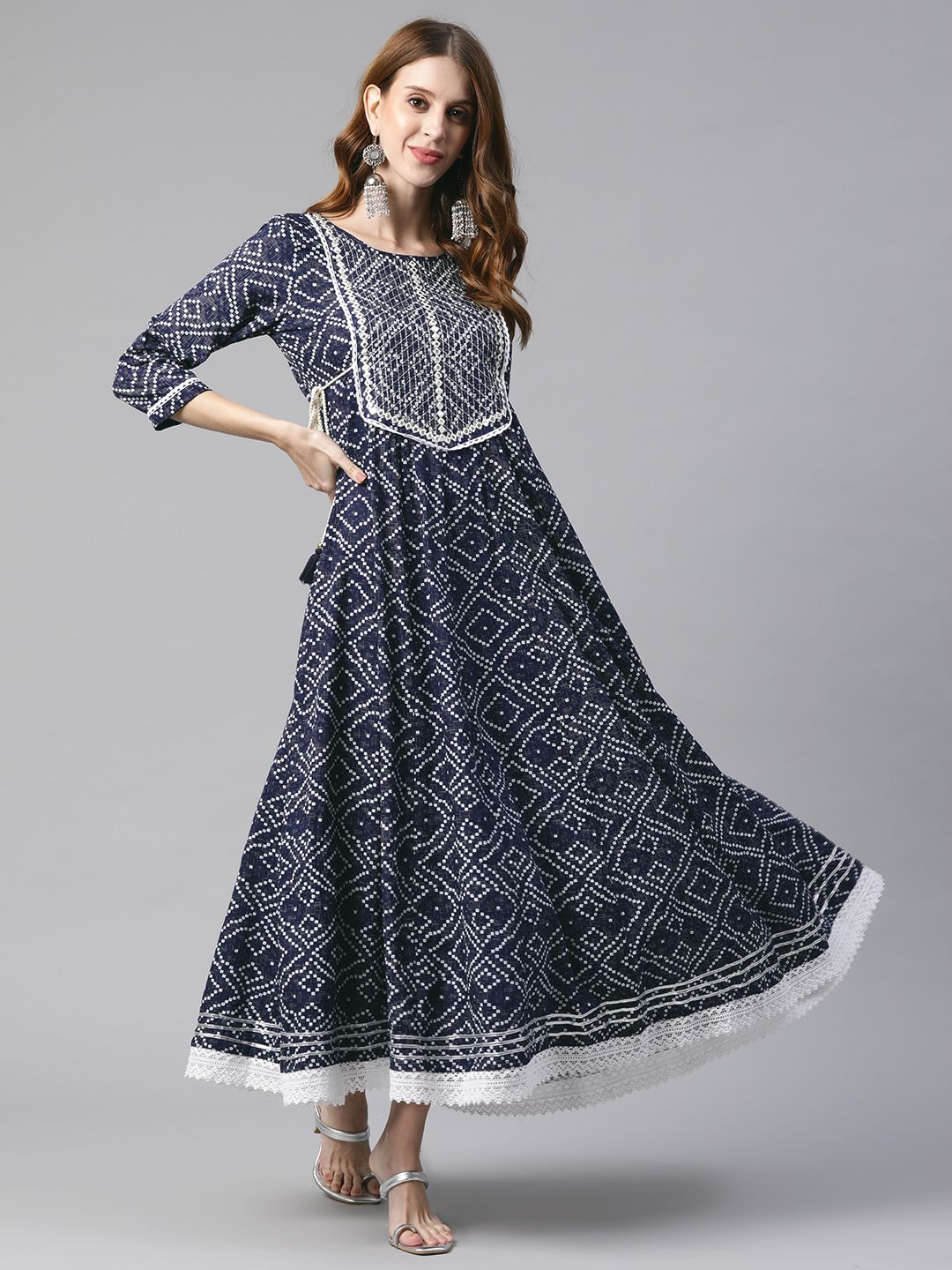 KALINI Navy Blue & White Ethnic Motifs Print Cotton Maxi Dress Price in India