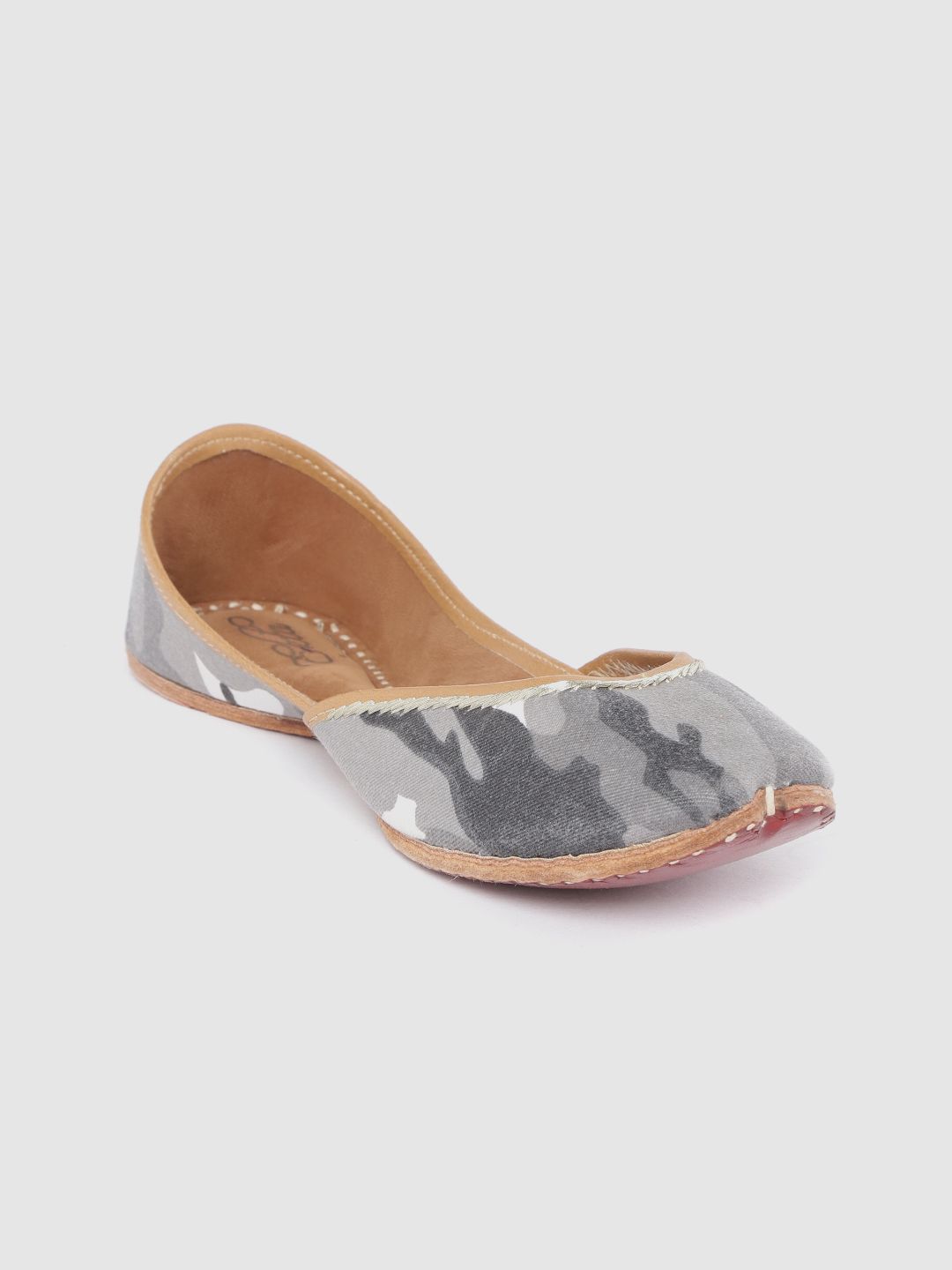 Ekta Women Grey Camouflage Printed Leather Mojaris Price in India