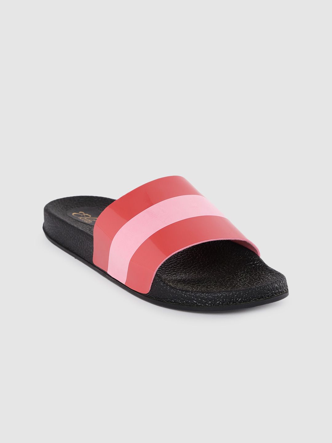 Ekta Women Pink & Black Striped Sliders Price in India