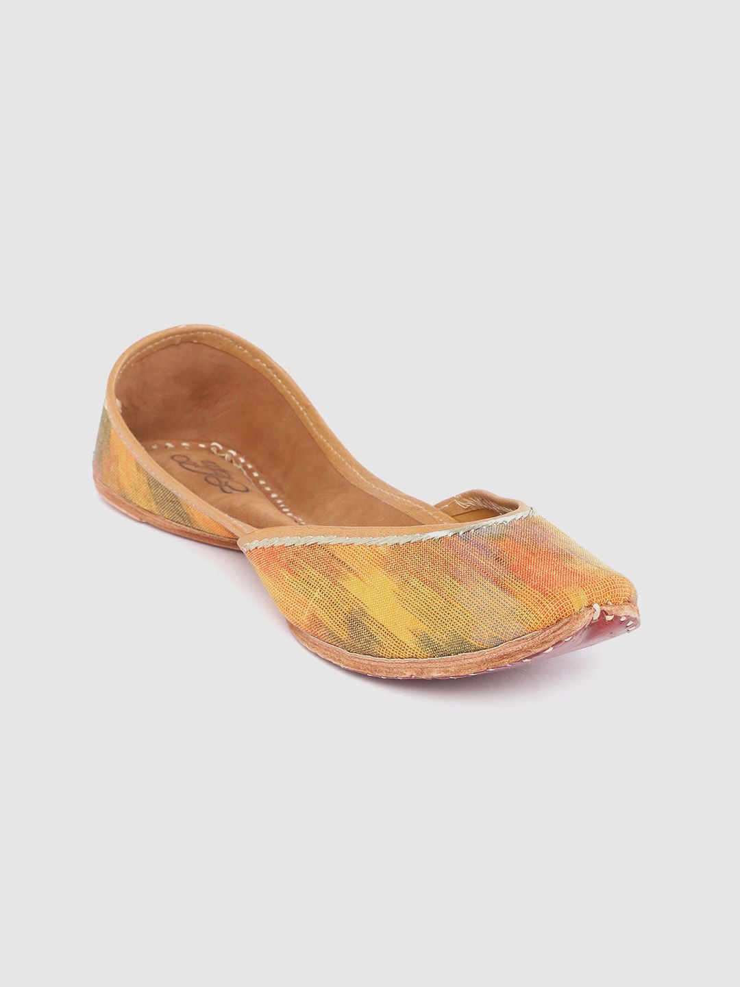 Ekta Women Yellow Ikat Woven Design Leather Mojaris Price in India