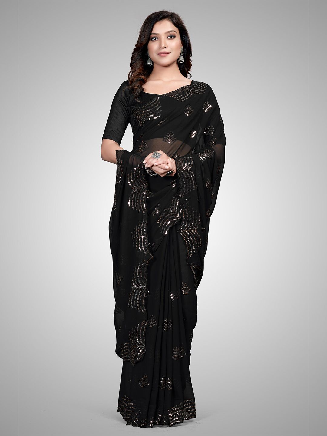 Mitera Black & Silver-Toned Embellished Sequinned Pure Georgette Ready to Wear Saree Price in India