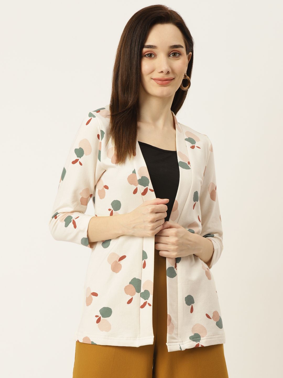 WISSTLER Women Cream-Coloured Printed Open Front Shrug Price in India