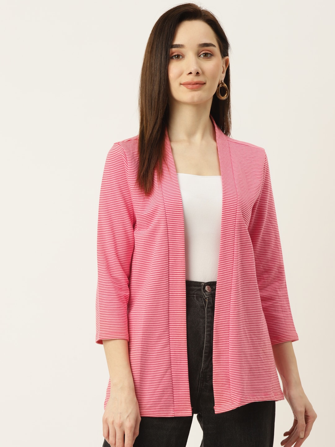 WISSTLER Women Pink & White Striped Open Front Shrug Price in India