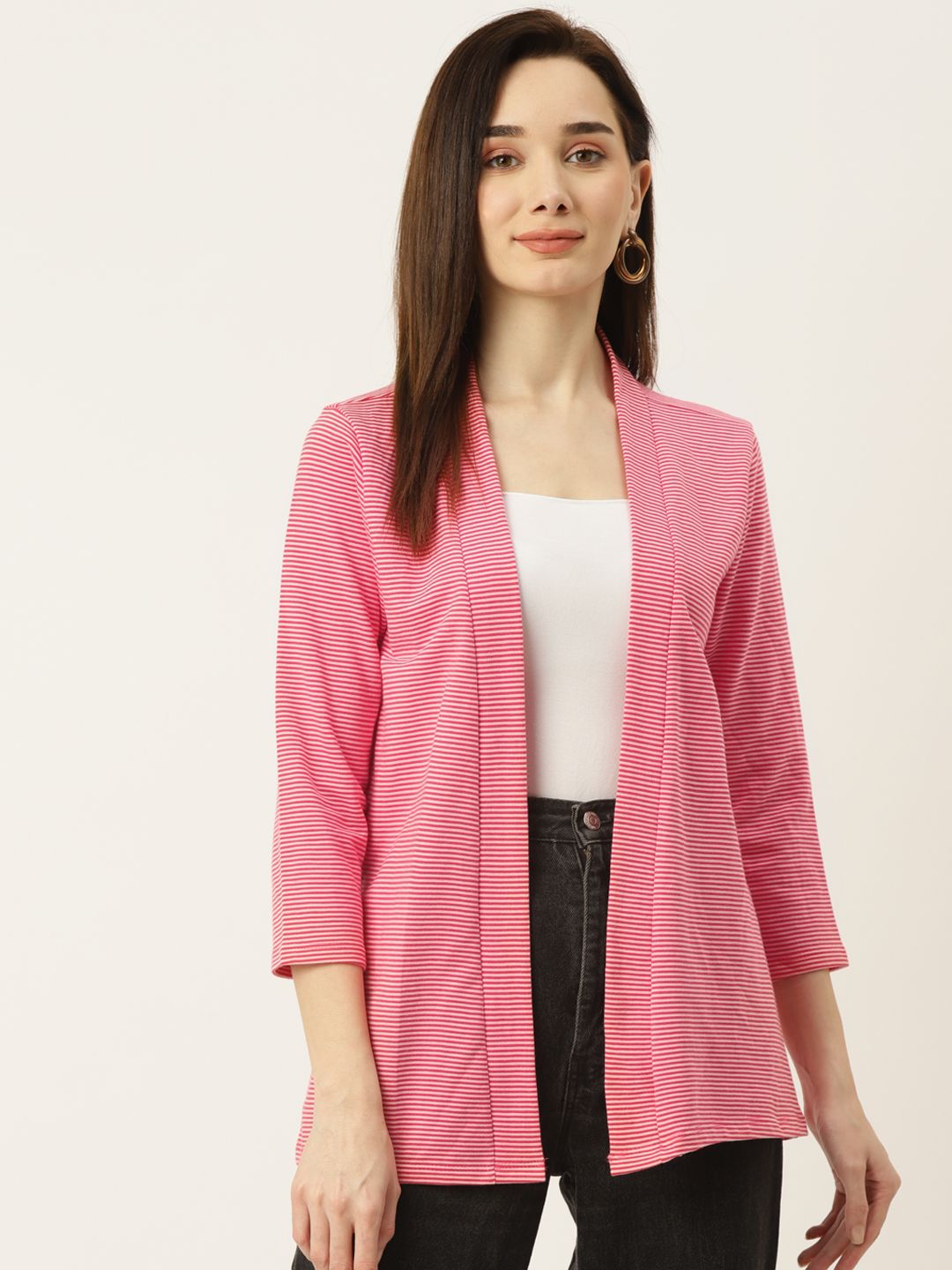 WISSTLER Women Pink & White Striped Open Front Shrug Price in India