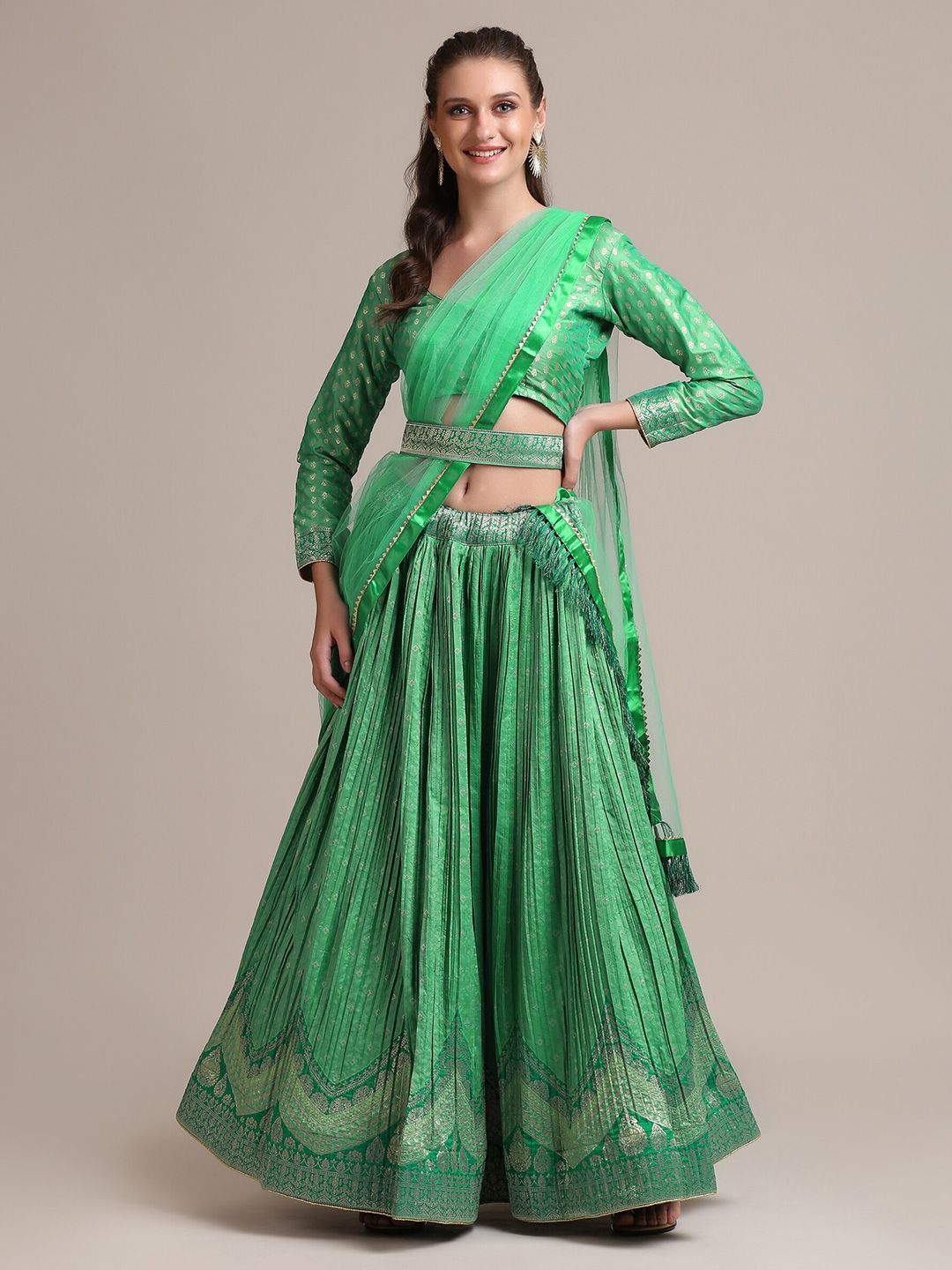 Warthy Ent Green & Silver-Toned Semi-Stitched Lehenga & Unstitched Blouse With Dupatta Price in India