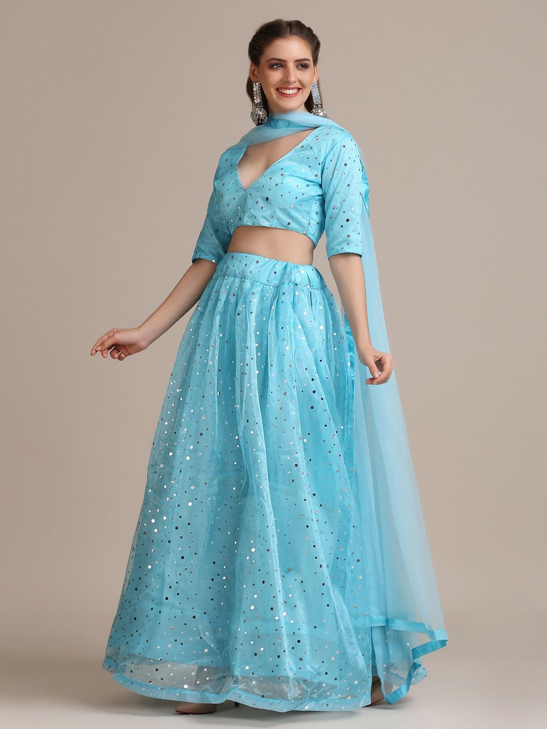 Warthy Ent Women Blue & Silver-Toned Embellished Semi-Stitched Lehenga & Unstitched Blouse With Dupatta Price in India