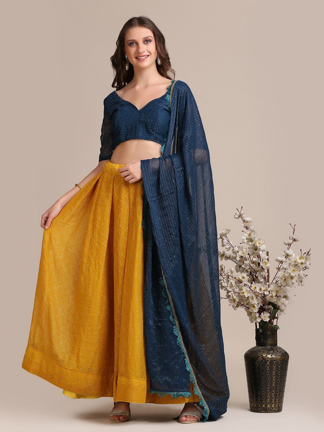 Warthy Ent Yellow & Blue Embellished Thread Work Semi-Stitched Lehenga & Unstitched Blouse With Dupatta