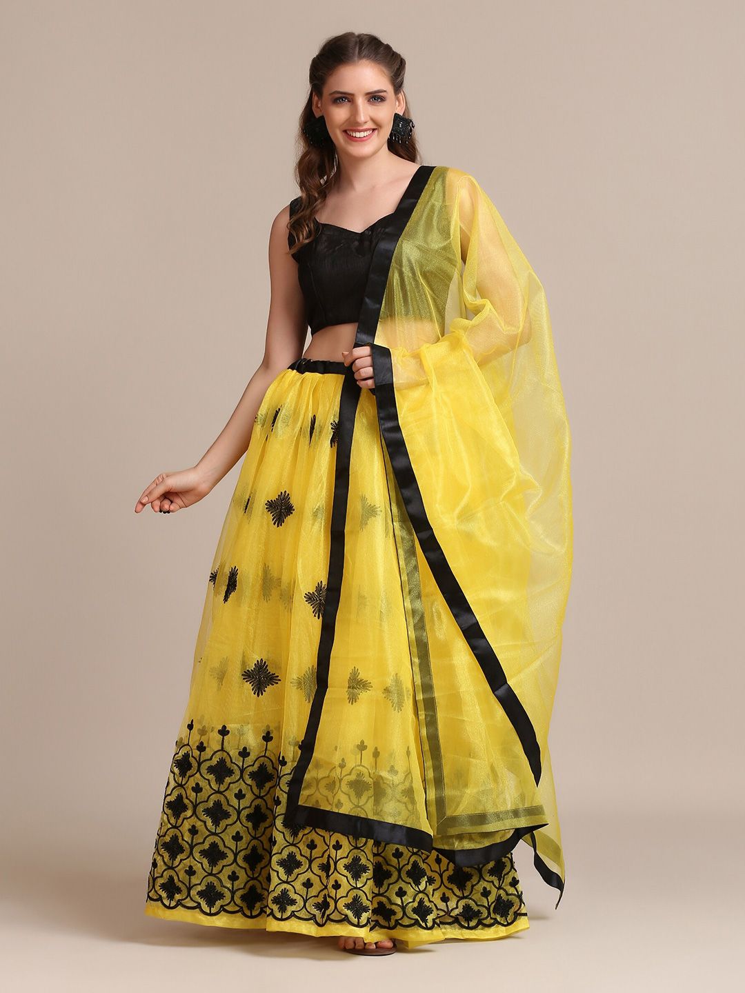 Warthy Ent Yellow & Black Thread Work Semi-Stitched Lehenga & Unstitched Blouse With Dupatta Price in India