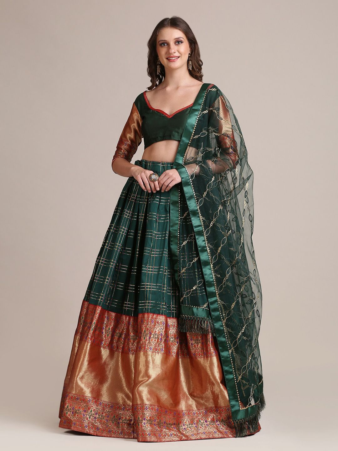 Warthy Ent Green & Red Semi-Stitched Lehenga Choli