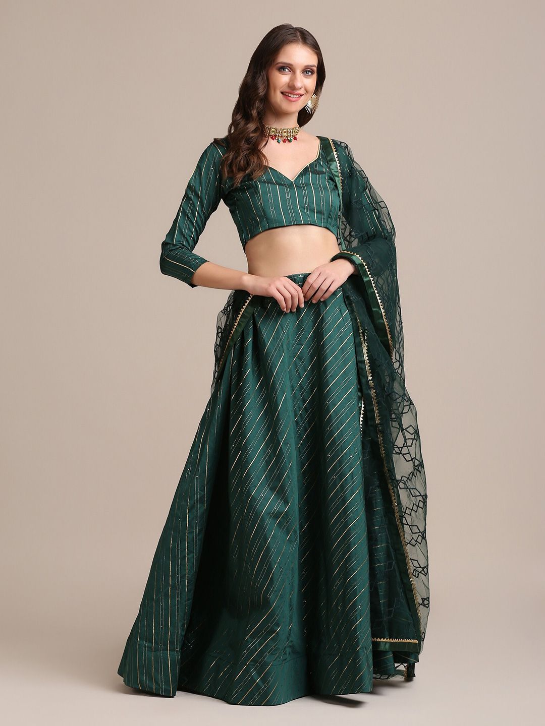 Warthy Ent Green & Gold Embroidered Semi-Stitched Lehenga & Unstitched Choli With Dupatta Price in India