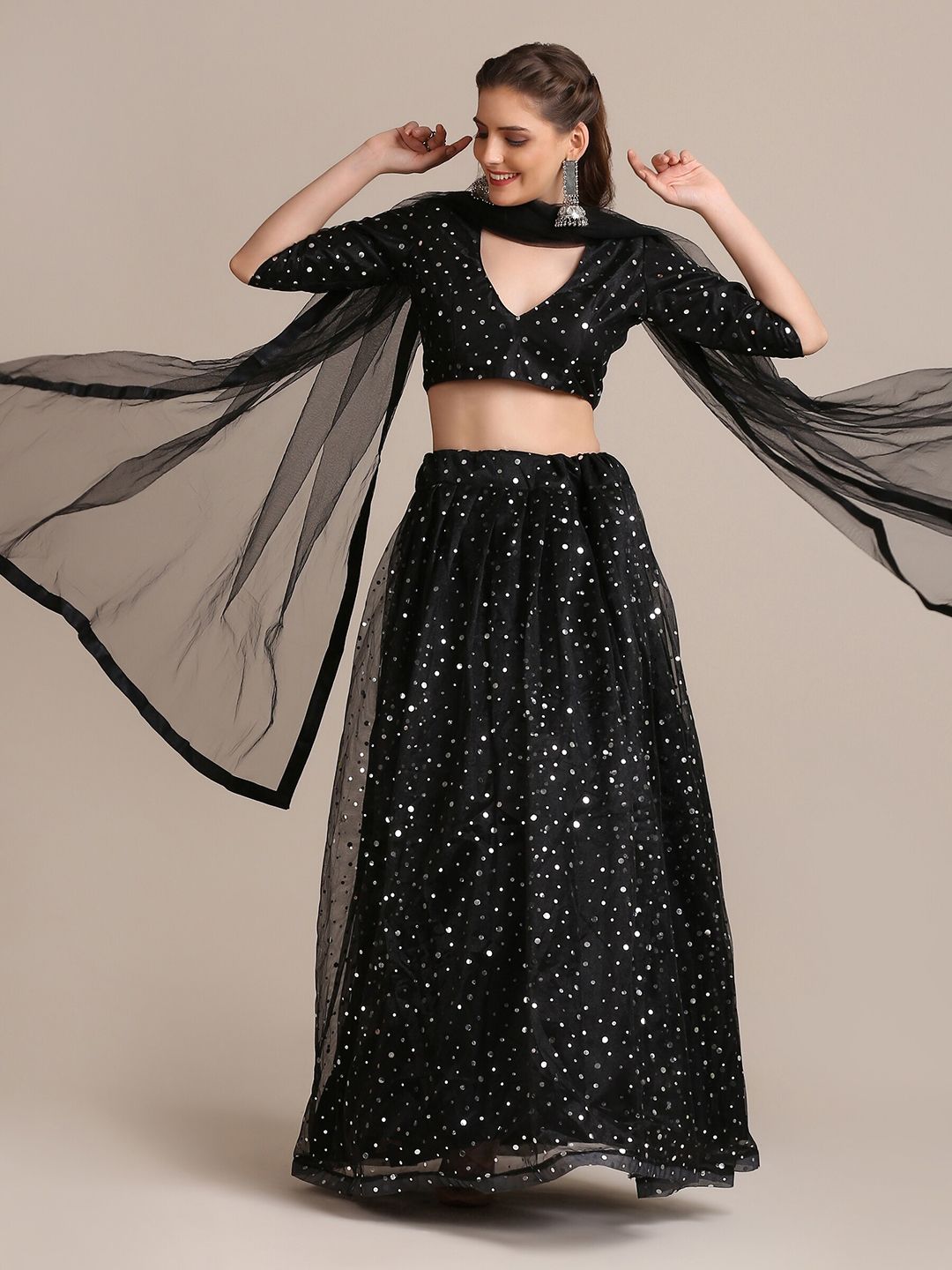 Warthy Ent Black & Silver-Toned Embellished Sequinned Semi-Stitched Lehenga & Unstitched Blouse With Dupatta Price in India