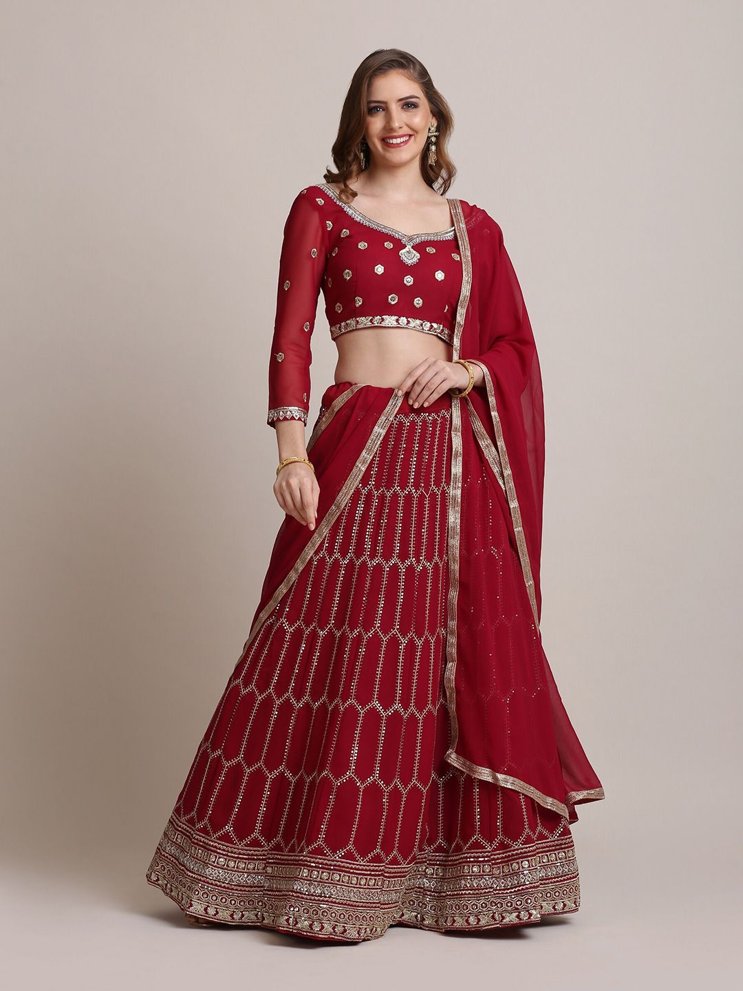 Warthy Ent Pink & Silver-Toned Embellished Sequinned Semi-Stitched Lehenga & Unstitched Blouse With Dupatta Price in India