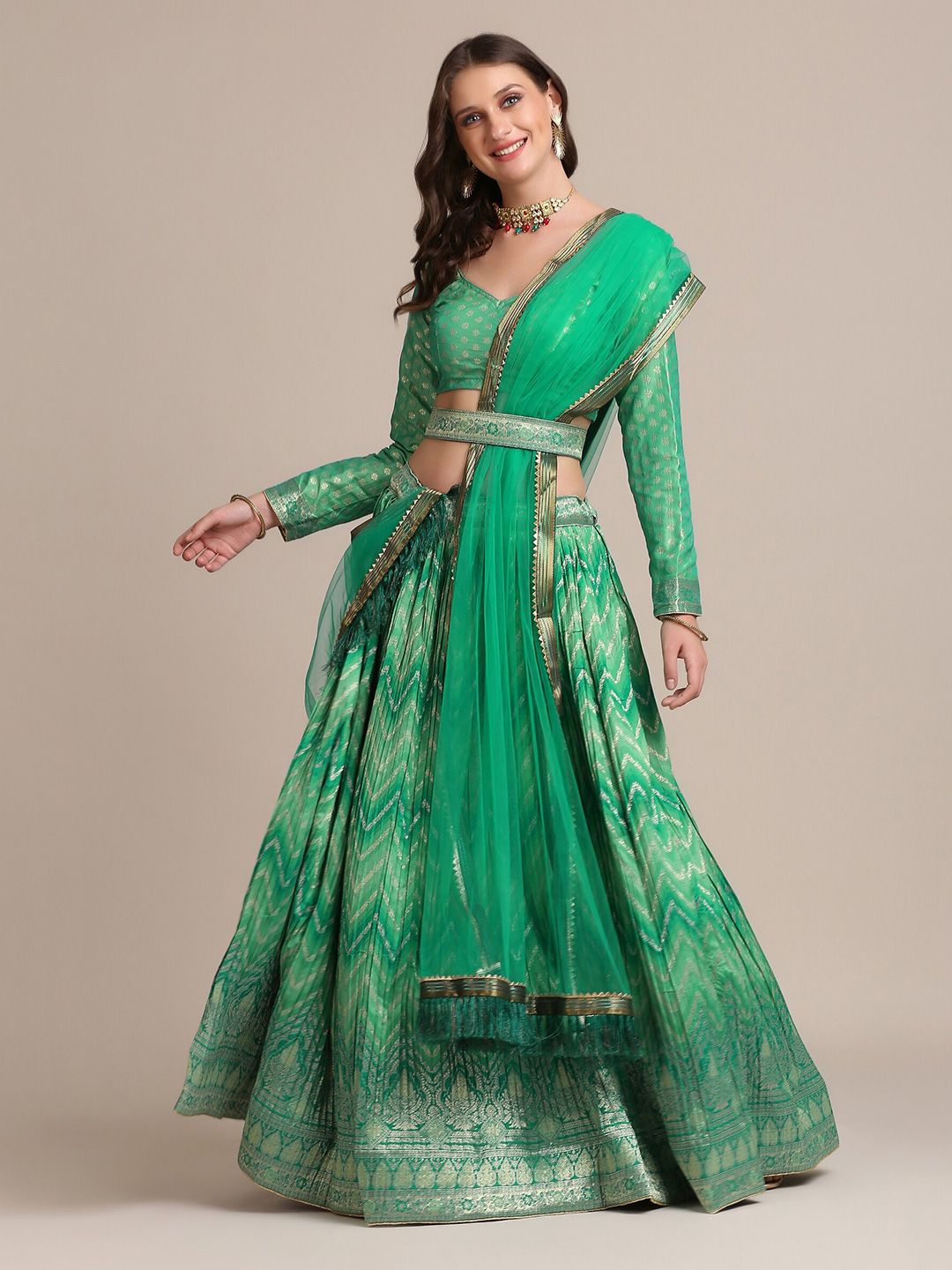 Warthy Ent Green & Silver-Toned Semi-Stitched Lehenga & Unstitched Blouse With Dupatta Price in India