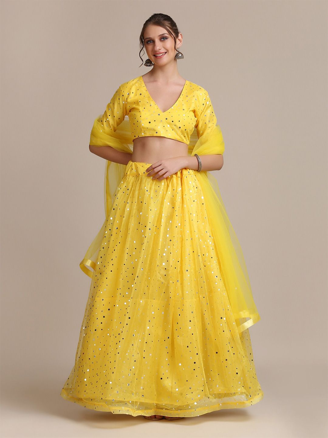 Warthy Ent Yellow Sequinned Semi-Stitched Lehenga & Unstitched Blouse With Dupatta Price in India
