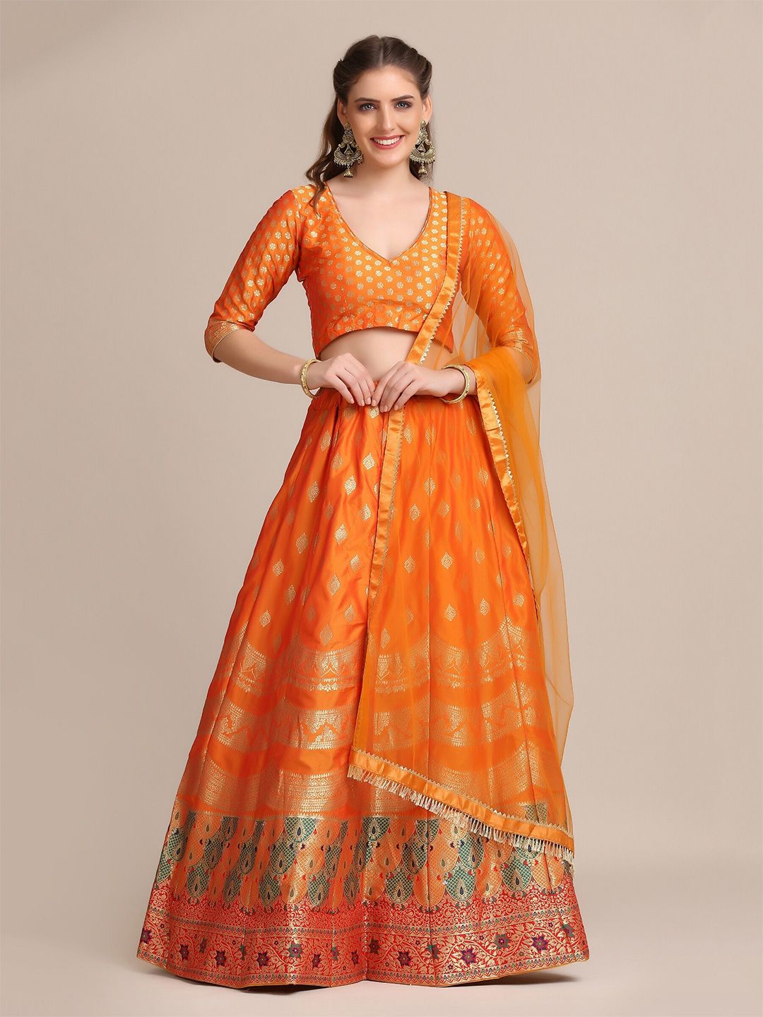 Warthy Ent Orange & Green Semi-Stitched Lehenga & Unstitched Blouse With Dupatta Price in India
