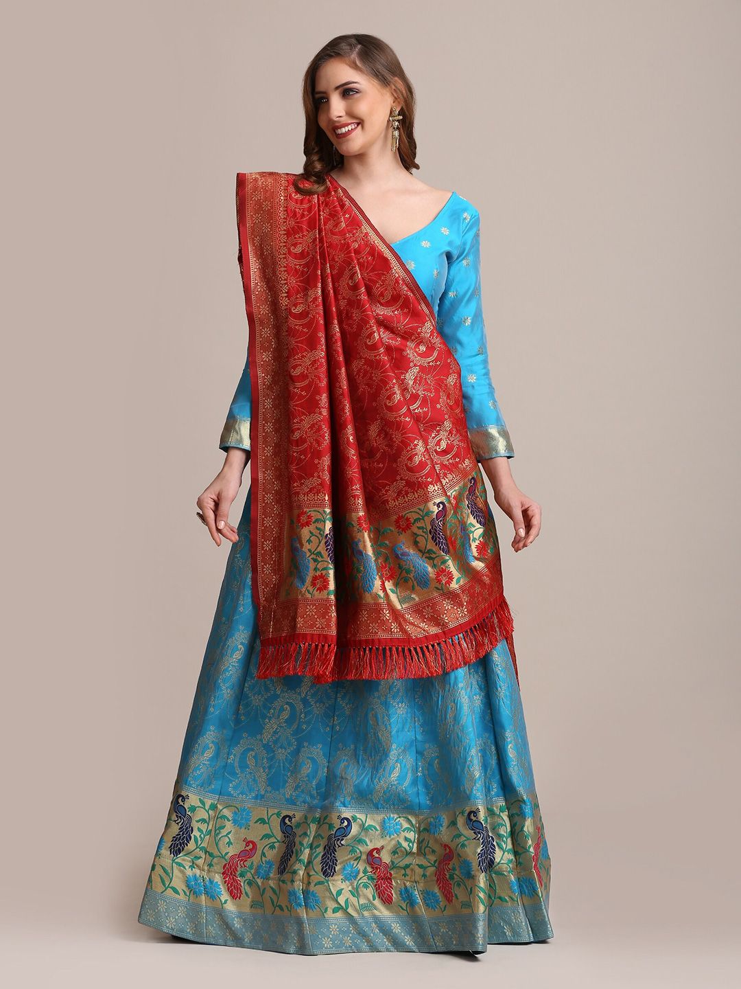 Warthy Ent Blue & Red Woven Design Semi-Stitched Lehenga & Unstitched Choli  With Dupatta Price in India