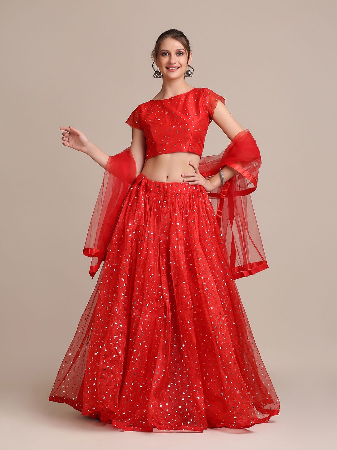 Warthy Ent Women Red Embellished Semi-Stitched Lehenga & Unstitched Blouse With Dupatta Price in India