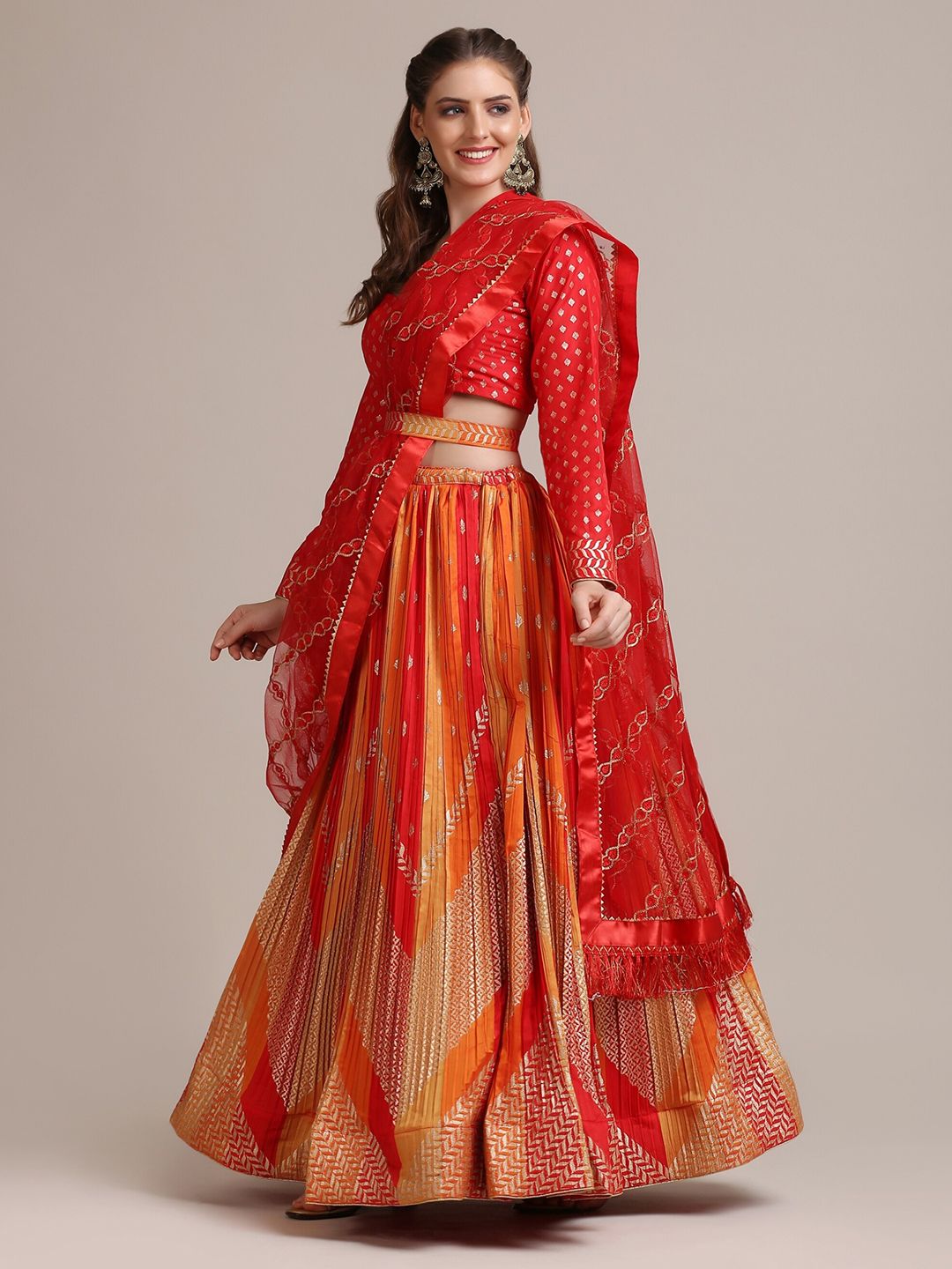 Warthy Ent Orange & Red Semi-Stitched Lehenga & Unstitched Blouse With Dupatta Price in India